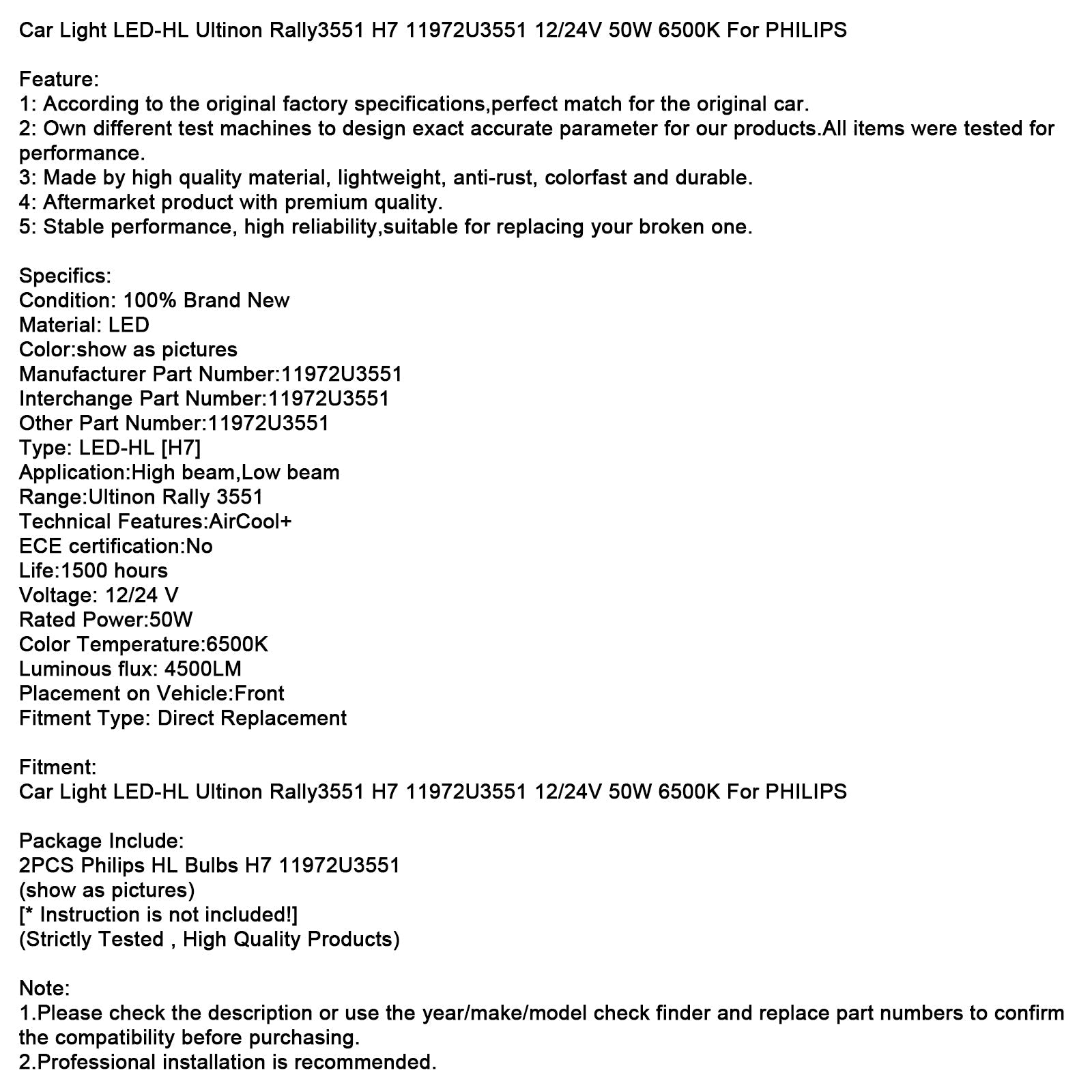 Car Light LED-HL Ultinon Rally3551 H7 11972U3551 12/24V 50W 6500K For PHILIPS