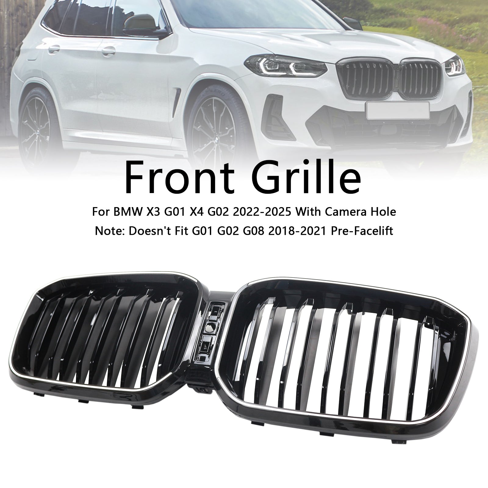 Double Slat Glossy Black Bumper Kidney Grille Fit BMW X3 G01 X4 G02 2022-2025