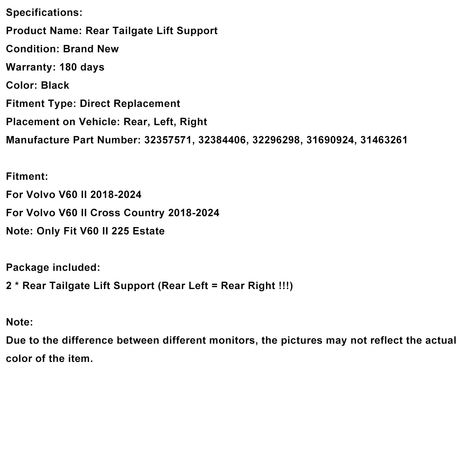 2018-2024 VOLVO V60 II 2PCS Electric Tailgate Lift Gas Strut 32357571