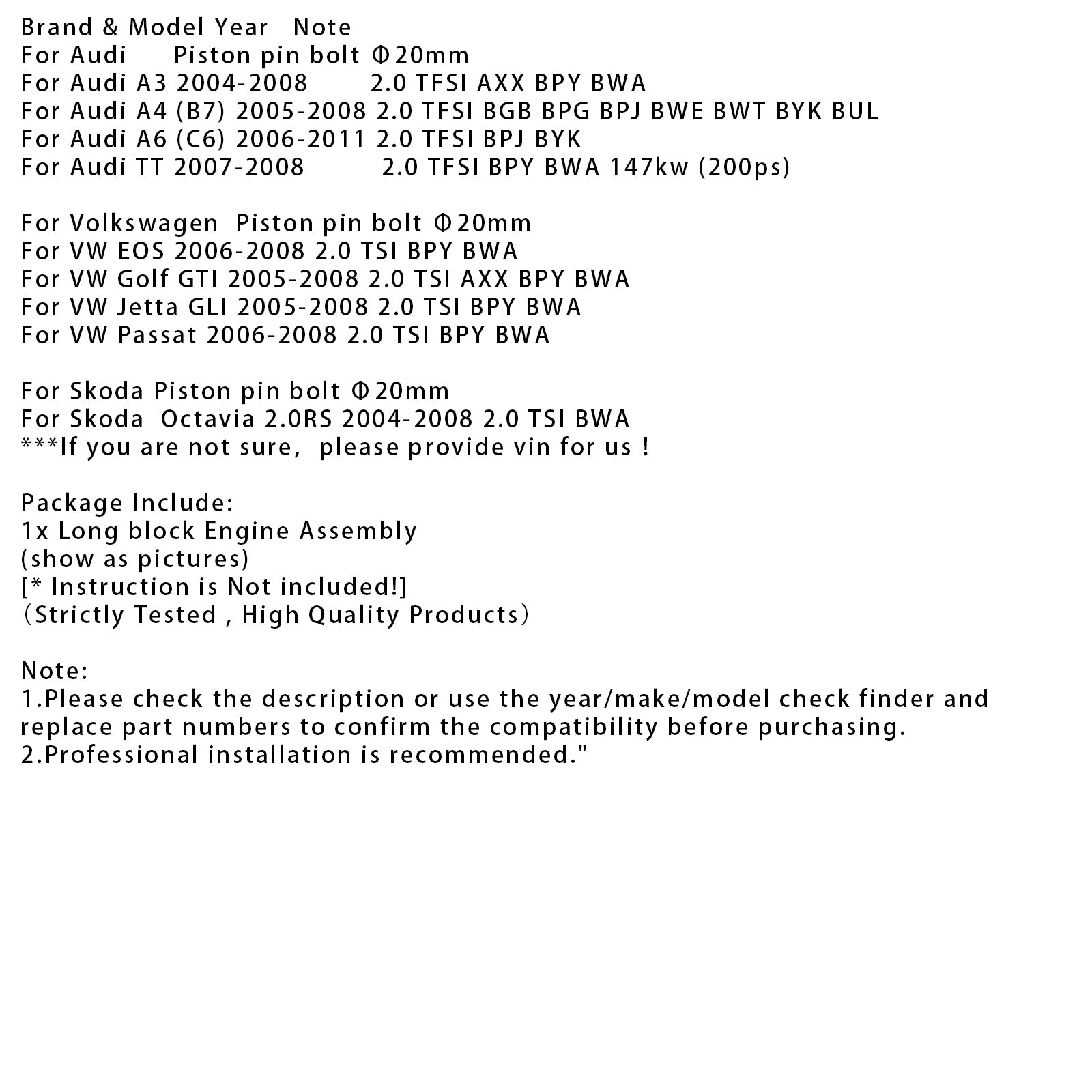 New EA113 Engine Block Assembly Motor For Audi A3 A4 A6 TT VW EOS 2.0L Gas Turbo