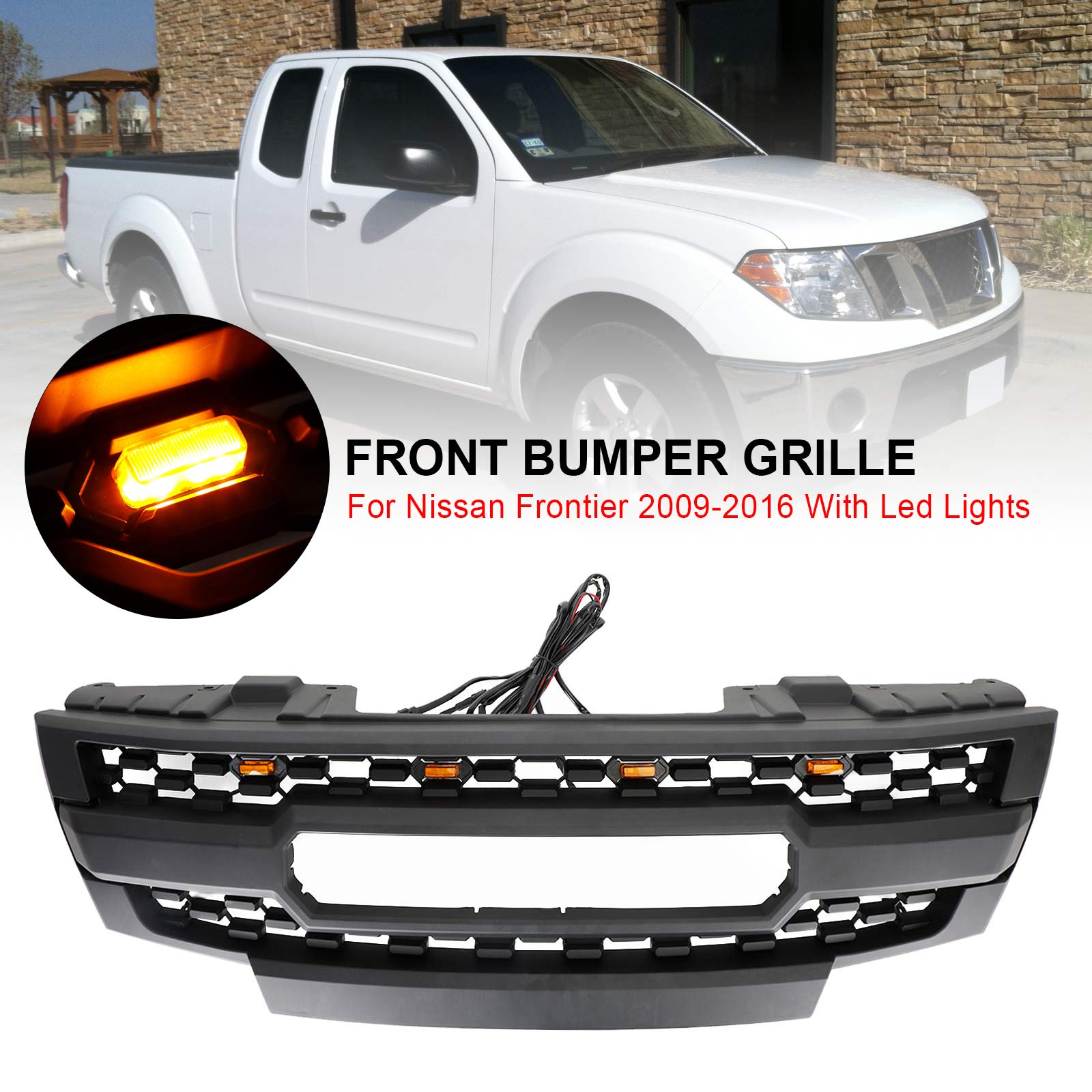 Black Front Bumper Grille Grill Fit Nissan Frontier 2009-2019 W/ Led Lights