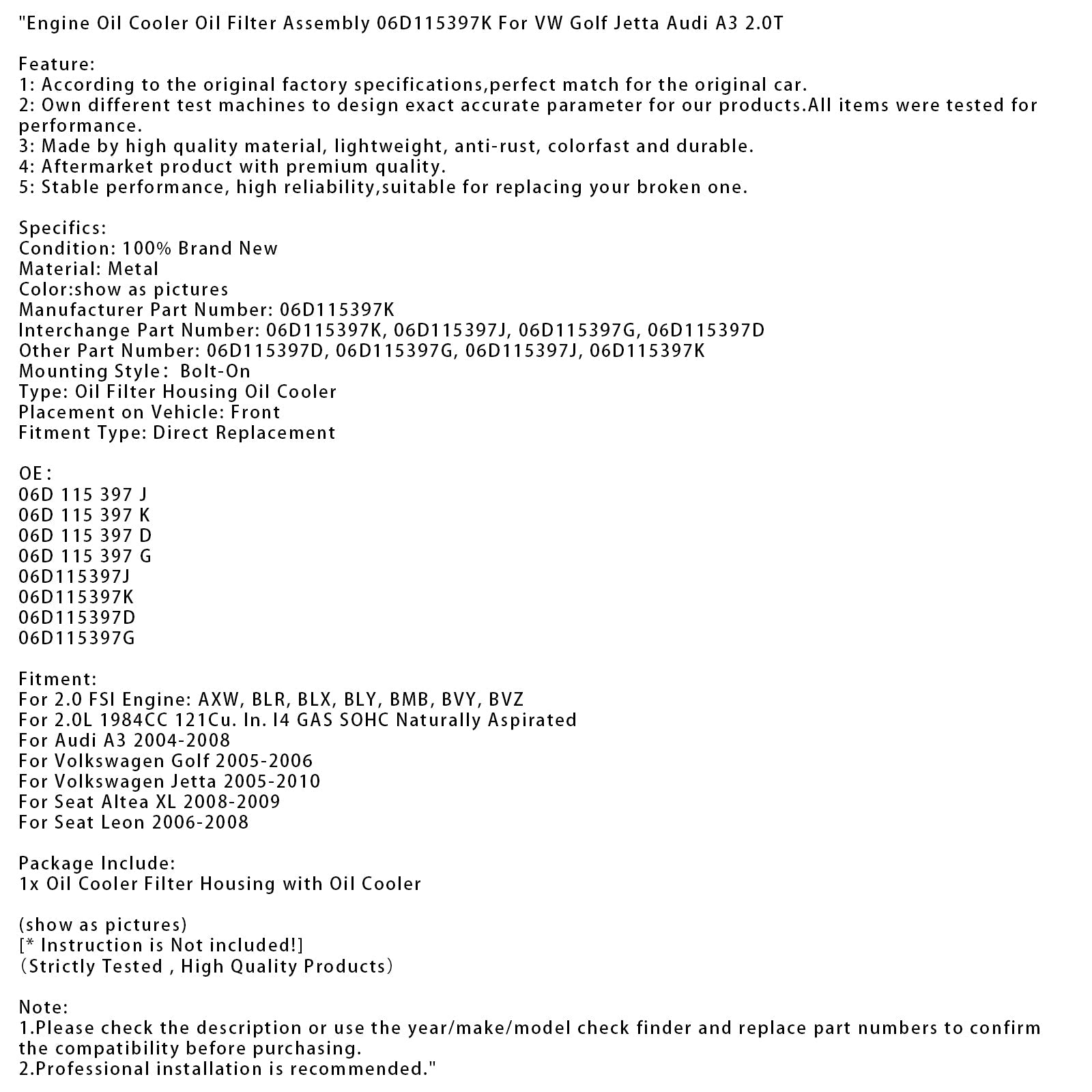 2005-2010 Volkswagen Jetta Engine Oil Cooler Oil Filter Assembly 06D115397K 06D115397J