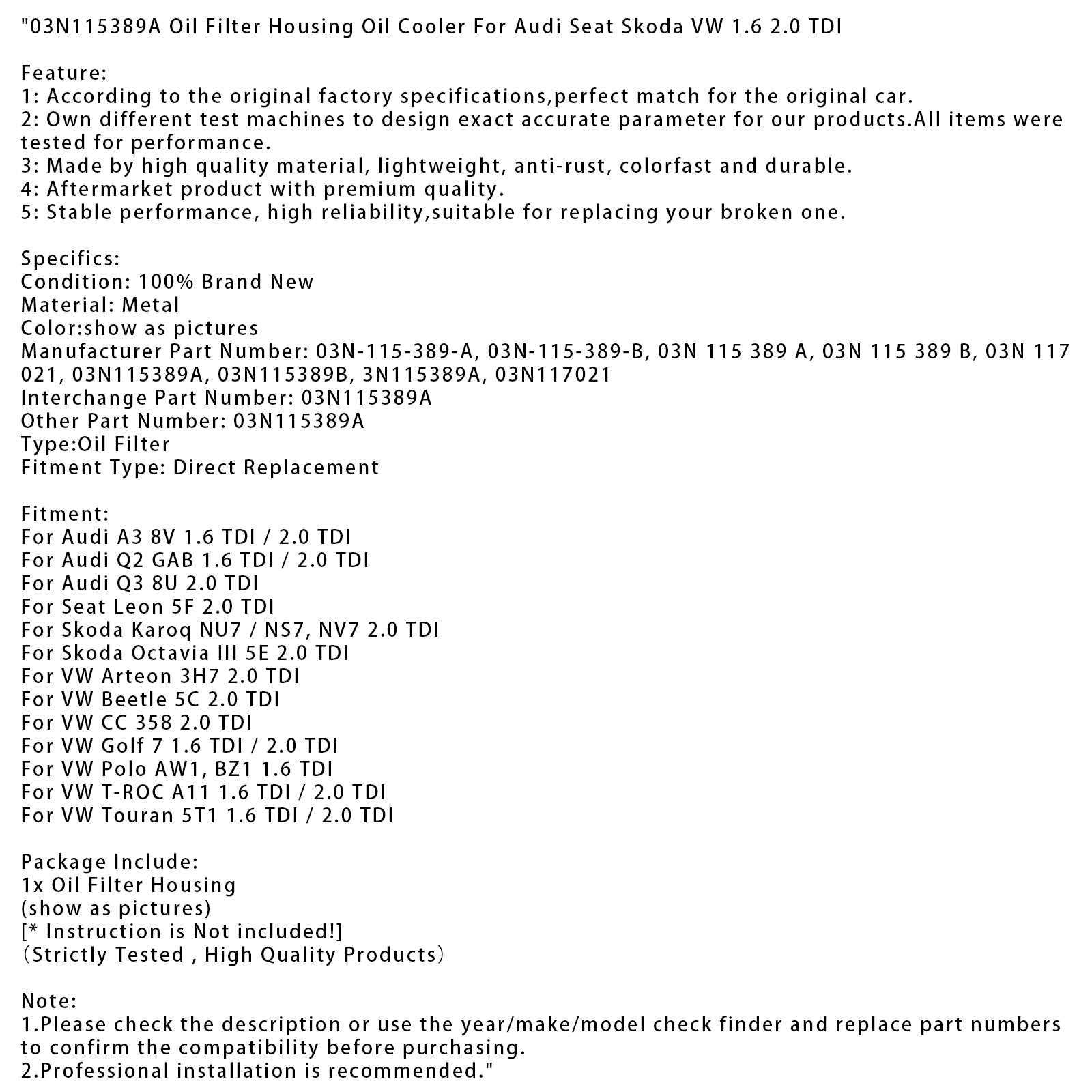 03N115389A Oil Filter Housing Oil Cooler For Audi Seat Skoda VW 1.6 2.0 TDI