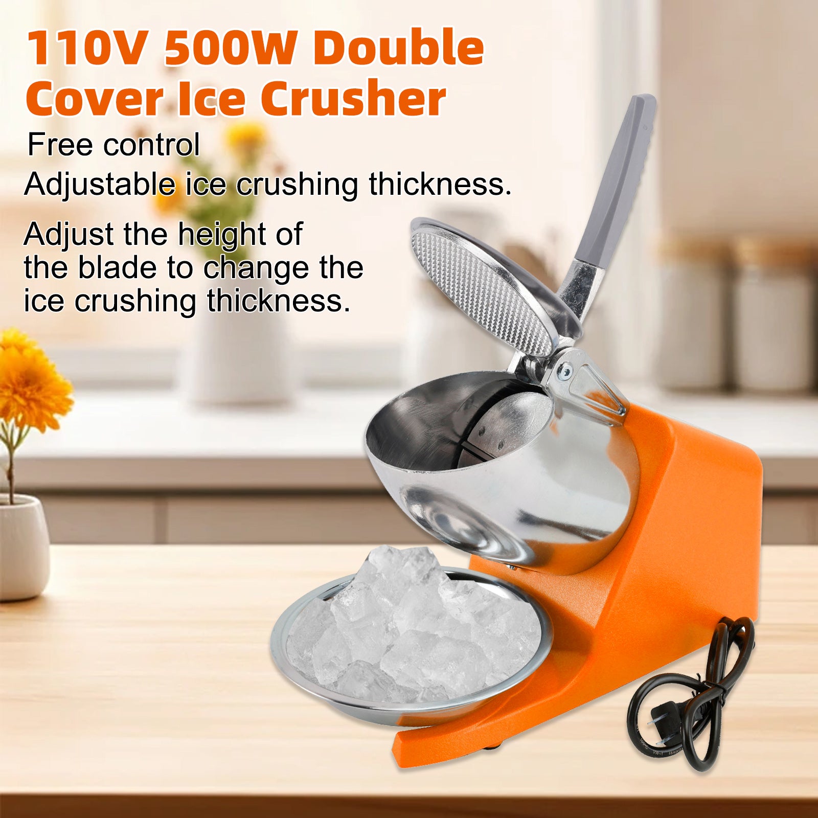 Electric Ice Crusher Machine 143LBS/Hr Snow Cone Maker Ice Shaver 500W