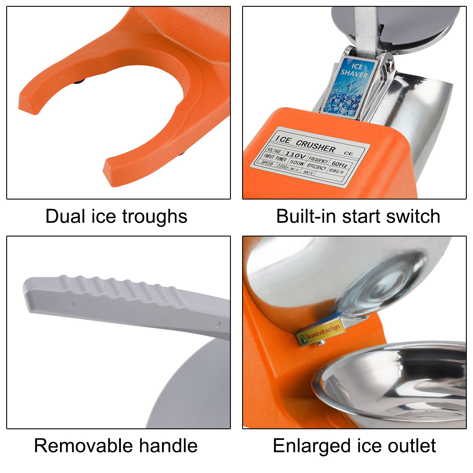 Electric Ice Crusher Machine 143LBS/Hr Snow Cone Maker Ice Shaver 500W UK Plug