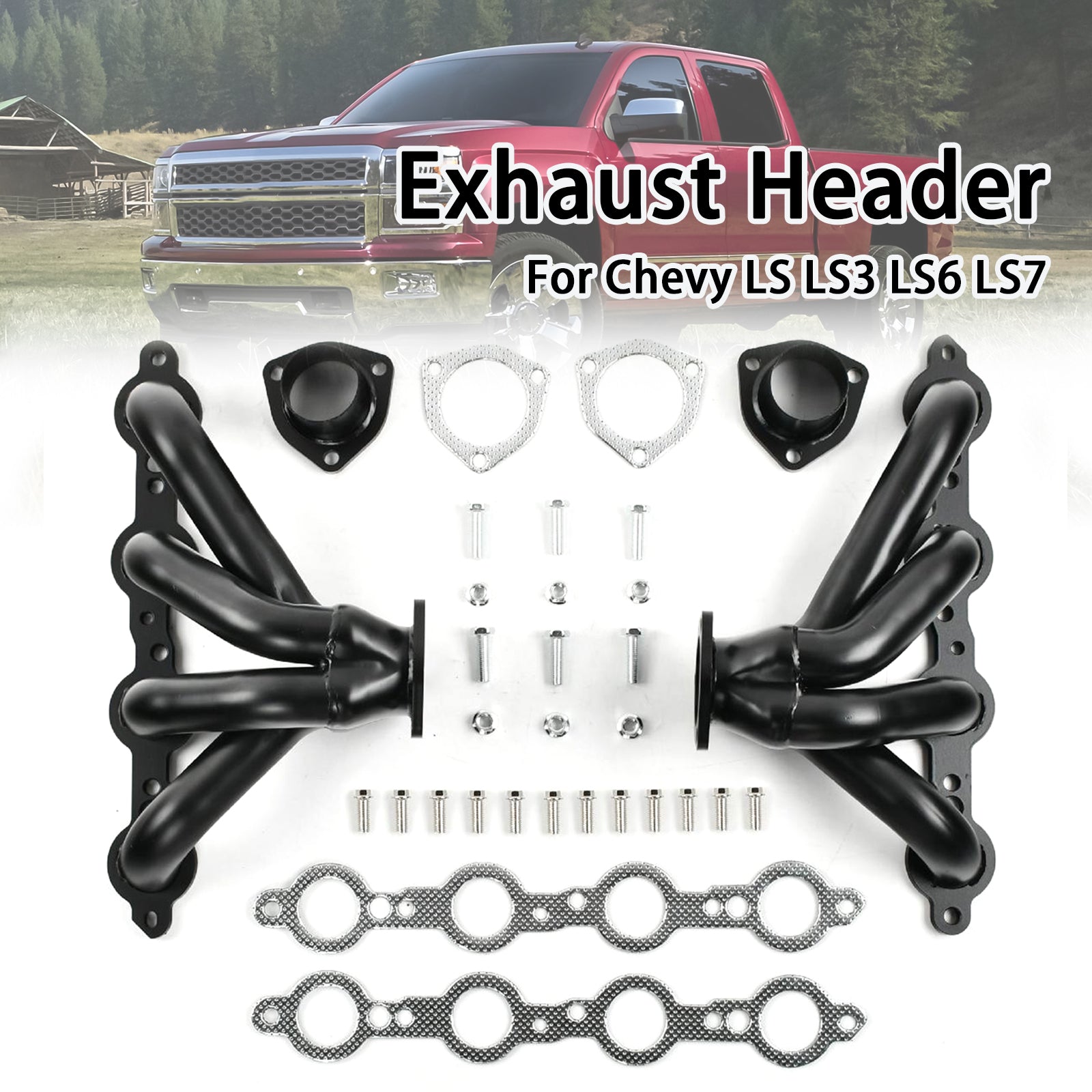 Black Exhaust Manifold Header Fit Chevy LS LS3 LS6 LS7