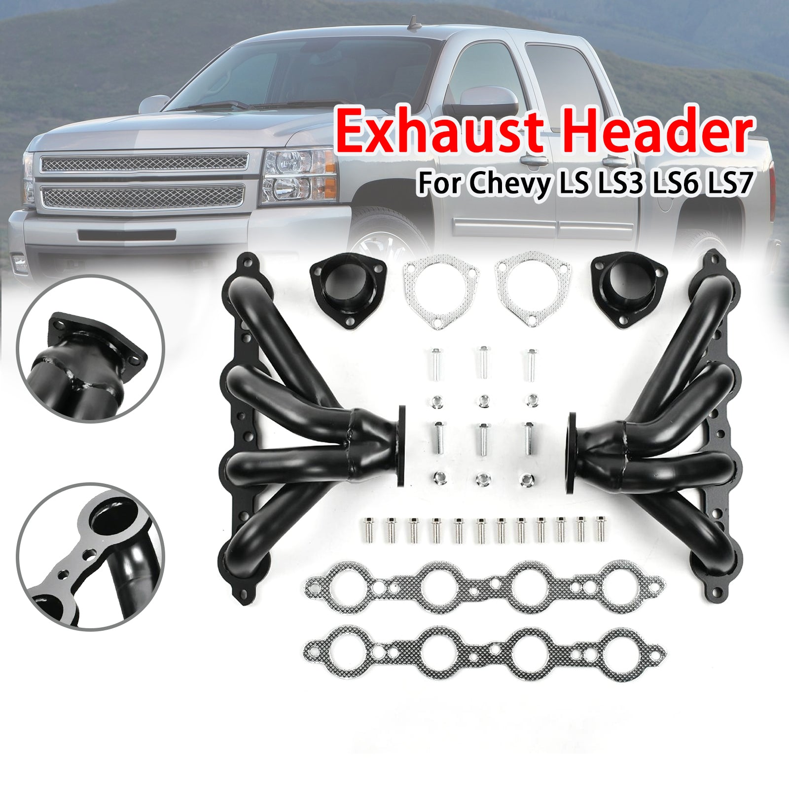 Black Exhaust Manifold Header Fit Chevy LS LS3 LS6 LS7