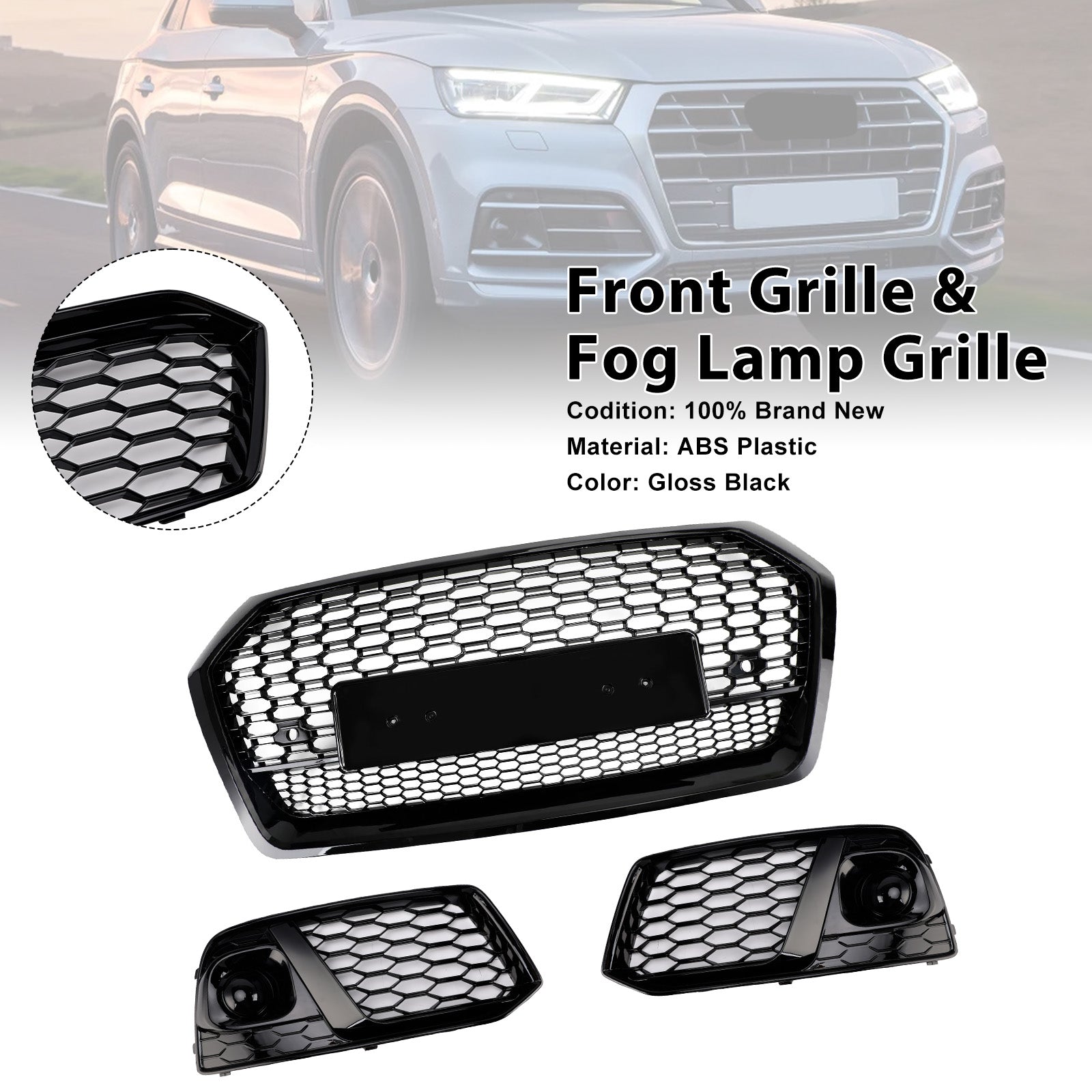 Front Honeycomb Mesh Grill + Fog Lamp Grille Fit Audi Q5 SQ5 2018 2019