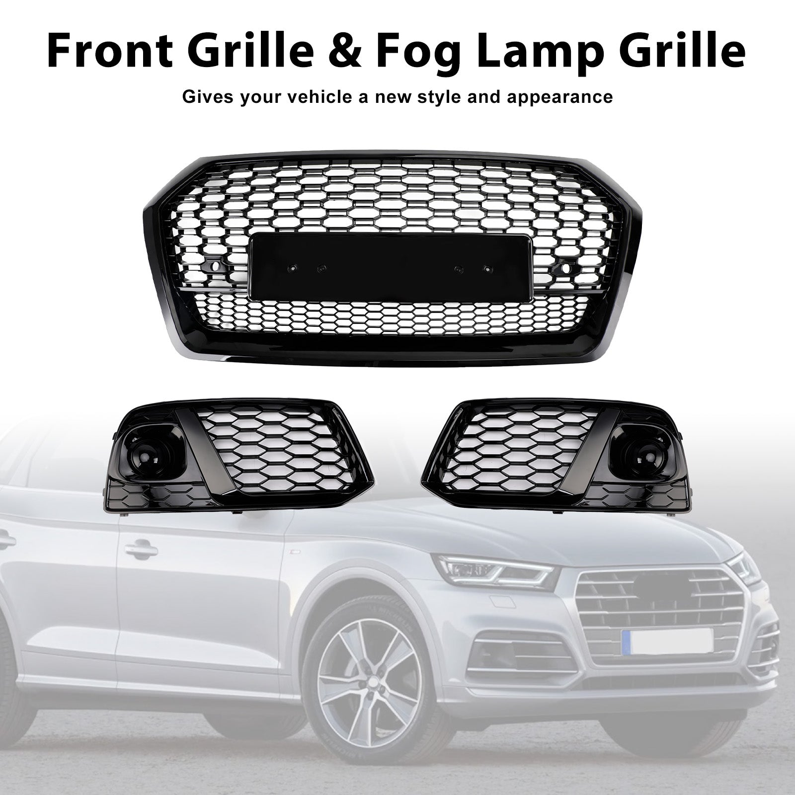 Front Honeycomb Mesh Grill + Fog Lamp Grille Fit Audi Q5 SQ5 2018 2019