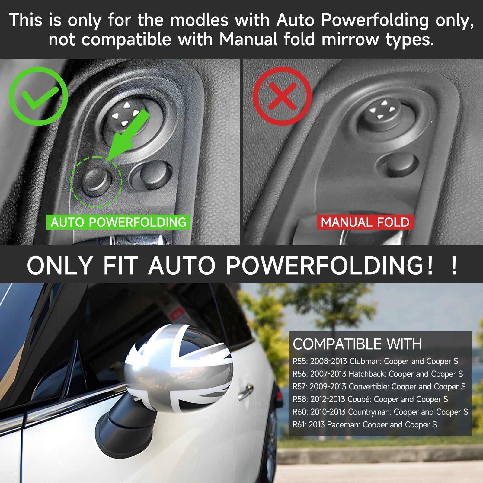 2 x Union Jack WING Mirror Covers Fit for MINI Cooper R55 R56 R60 Power Fold Mirror Generic CA Market