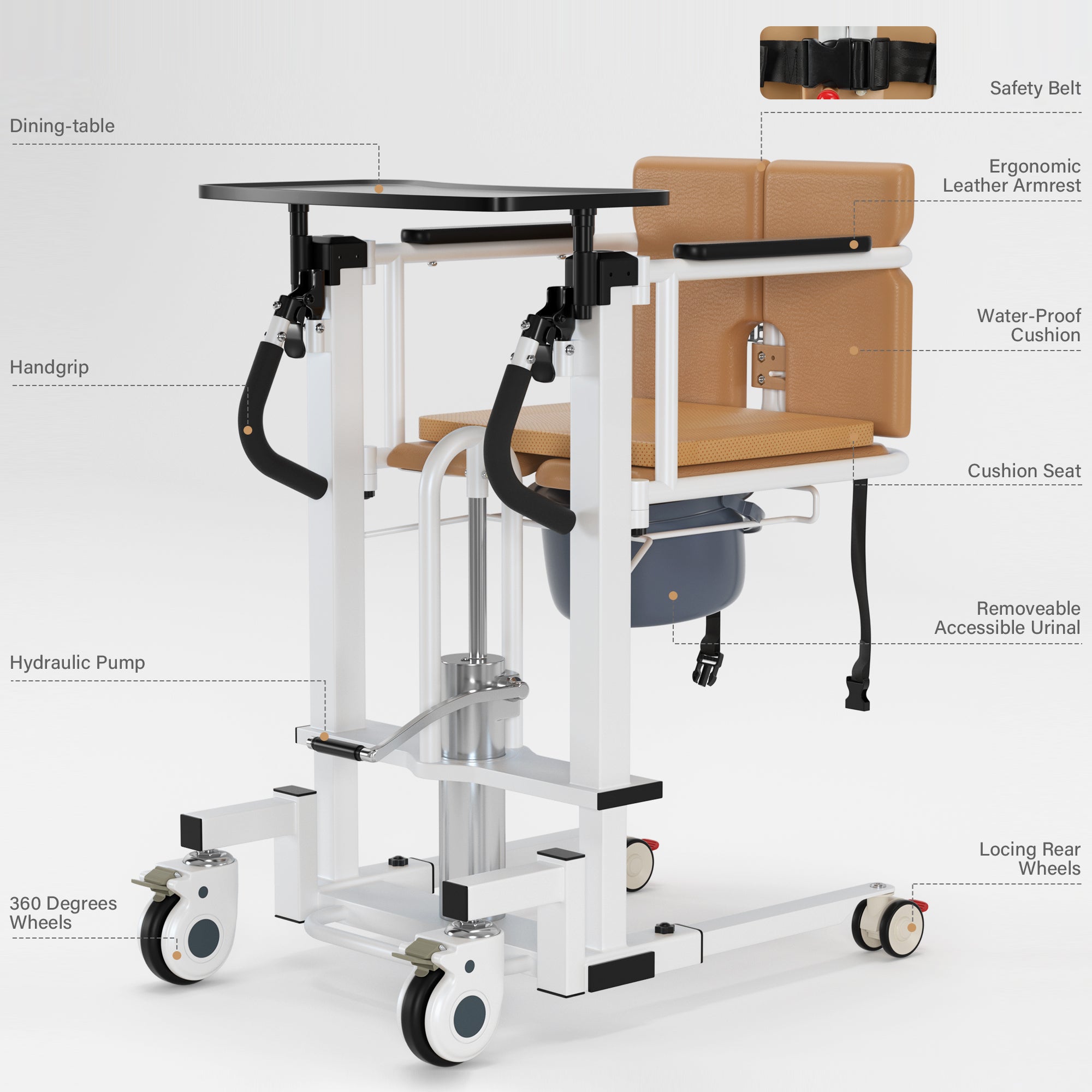 Hydraulic Patient Transfer Lift Wheelchair w/180° Split Seat And Table