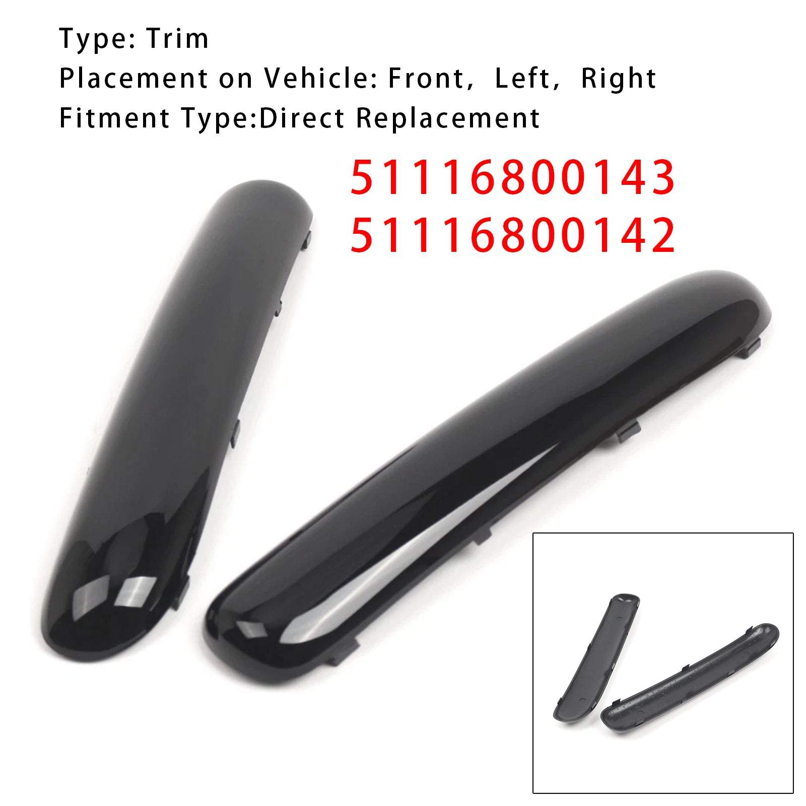 2001-2004 Mini One Cooper R50/R52/R53 Pair Front Bumper Trim Set Glossy Black