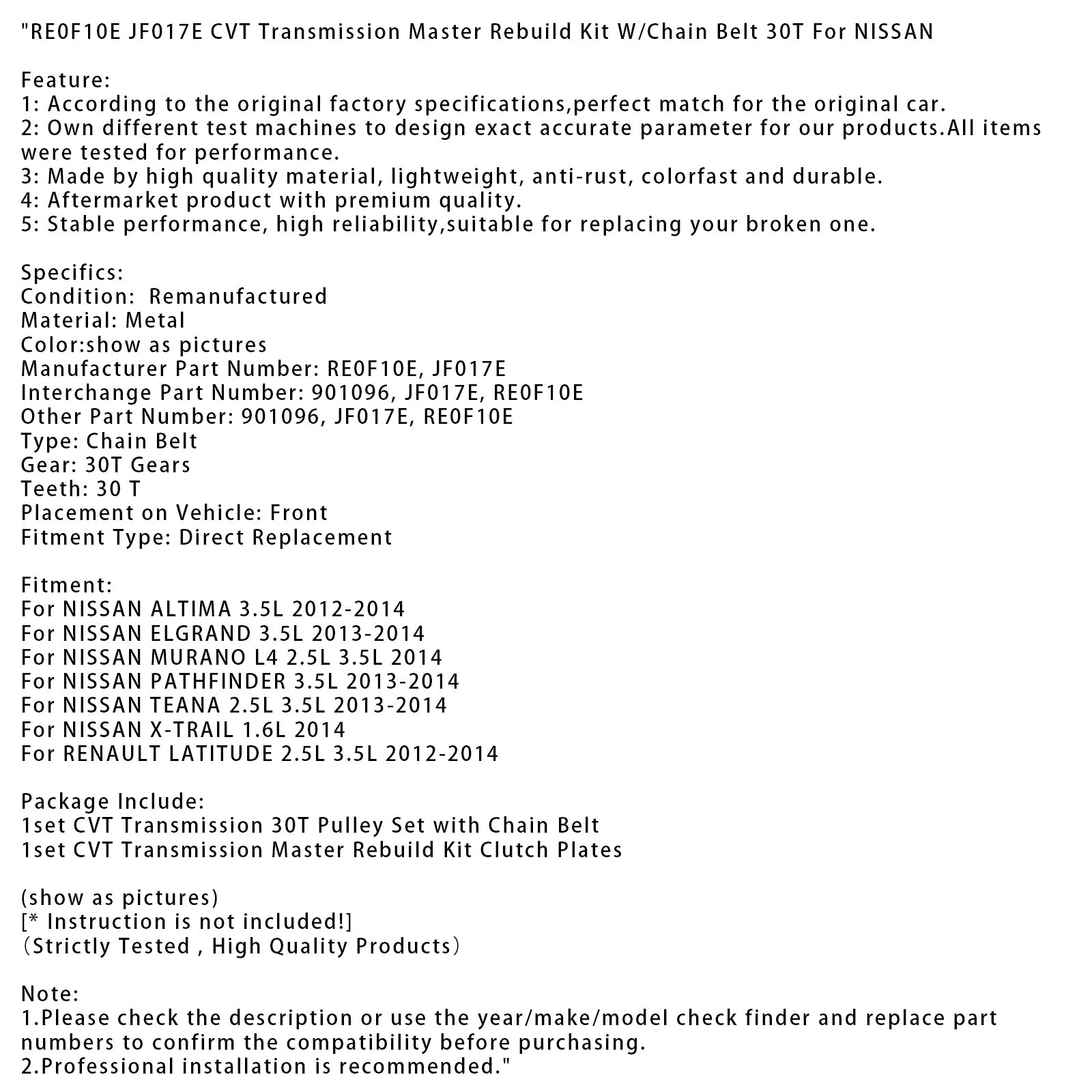 2012-2014 RENAULT LATITUDE 2.5L 3.5L RE0F10E JF017E CVT Transmission Master Rebuild Kit W/Chain Belt 30T