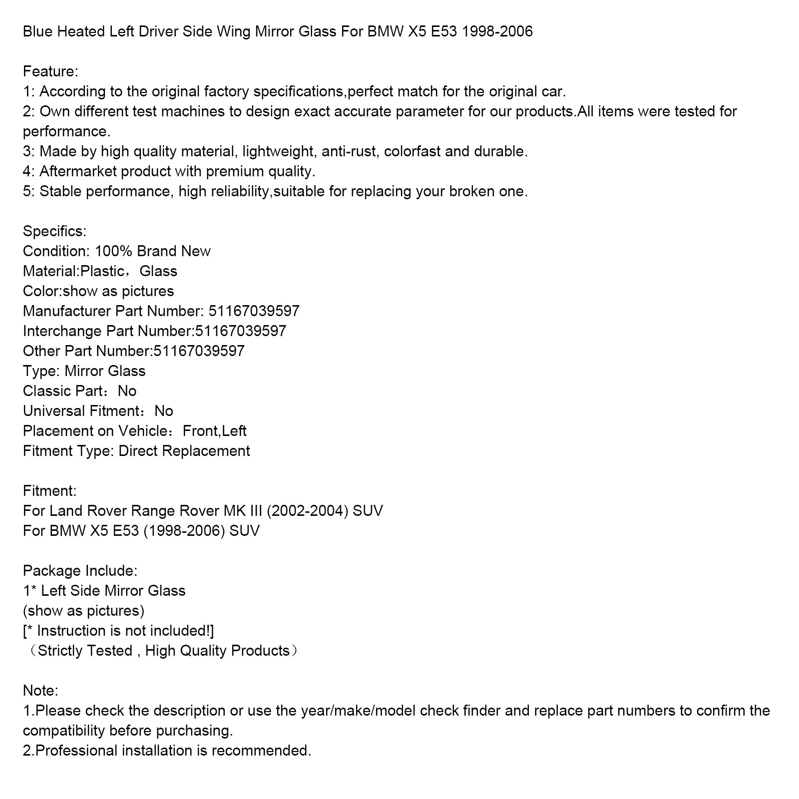 Blue Heated Left Driver Side Wing Mirror Glass For BMW X5 E53 1998-2006