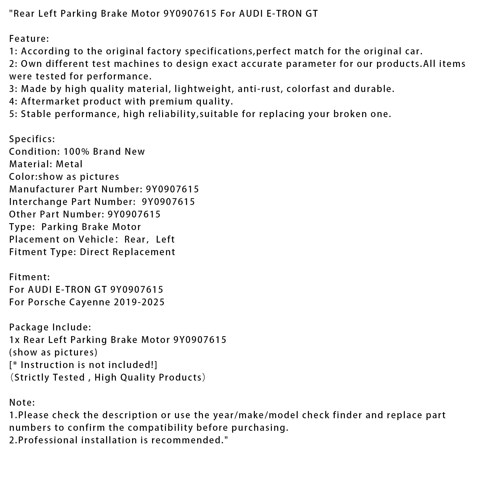 2019-2025 Porsche Cayenne Rear Left Parking Brake Motor 9Y0907615