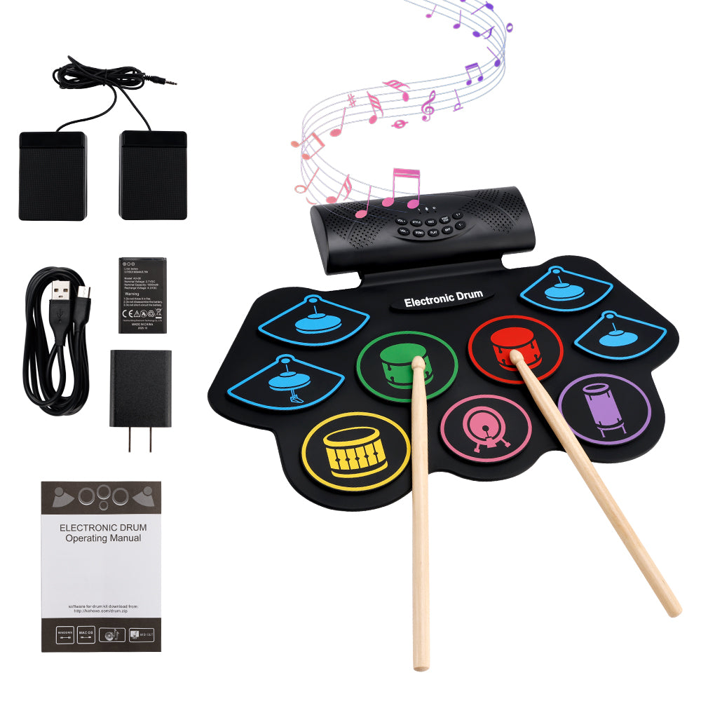 Hand Roll Drum Practice Set 9Pad Drum Set Built-in Stereo Speakers Birthday Gift