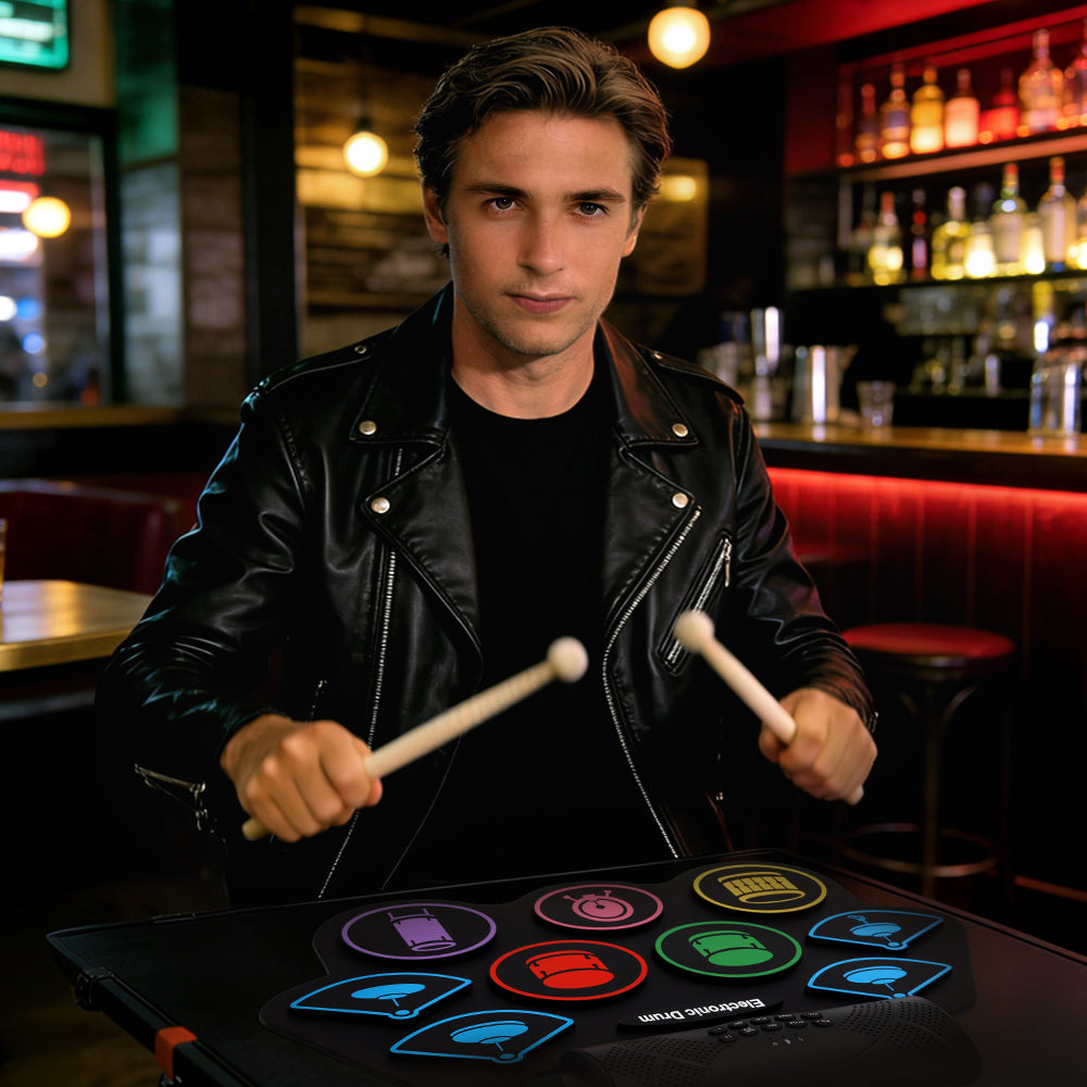 Hand Roll Drum Practice Set 9Pad Drum Set Built-in Stereo Speakers Birthday Gift