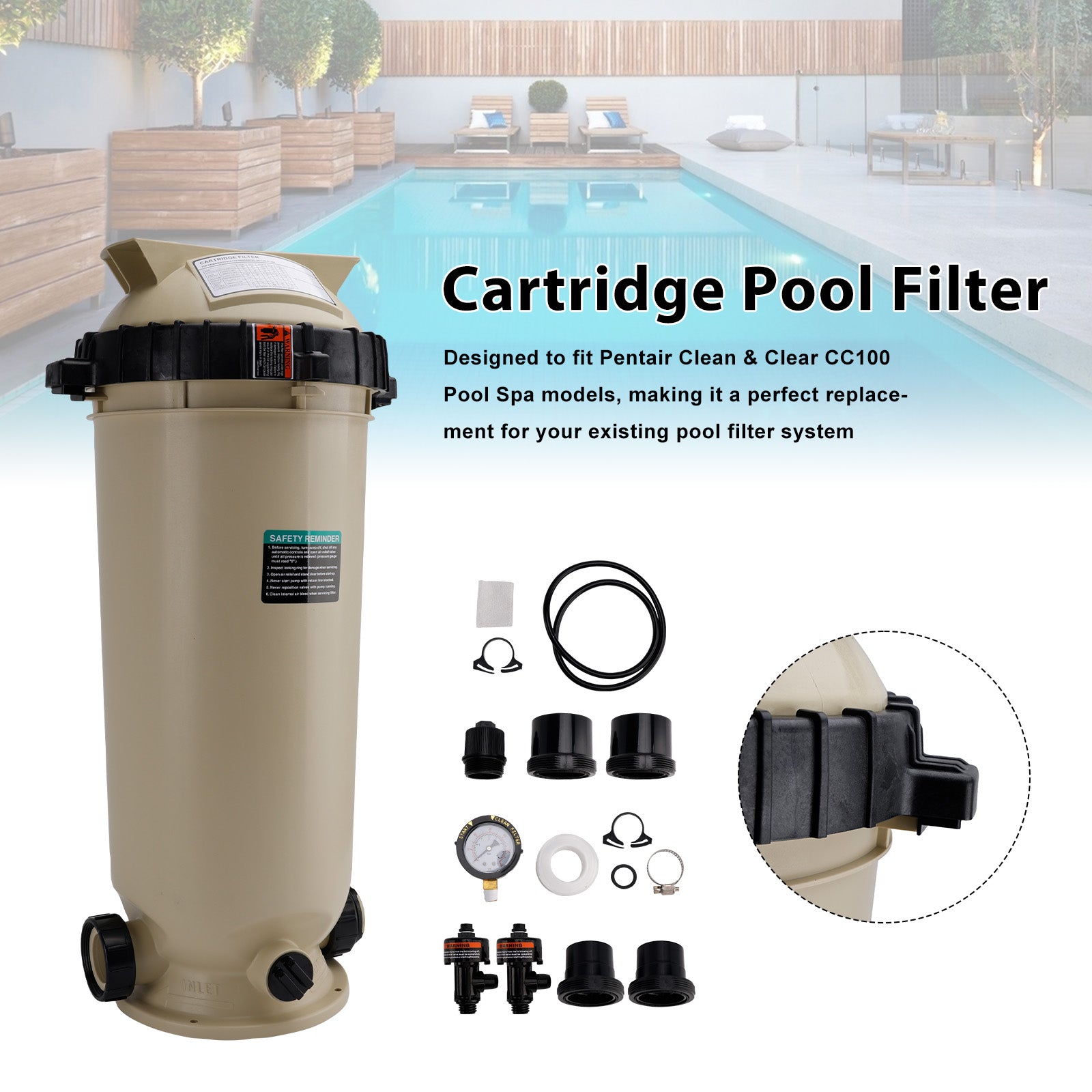 EC-160316 Cartridge Pool Filter Pump 100 GPM For Pentair Clean&Clear CC100 Pool