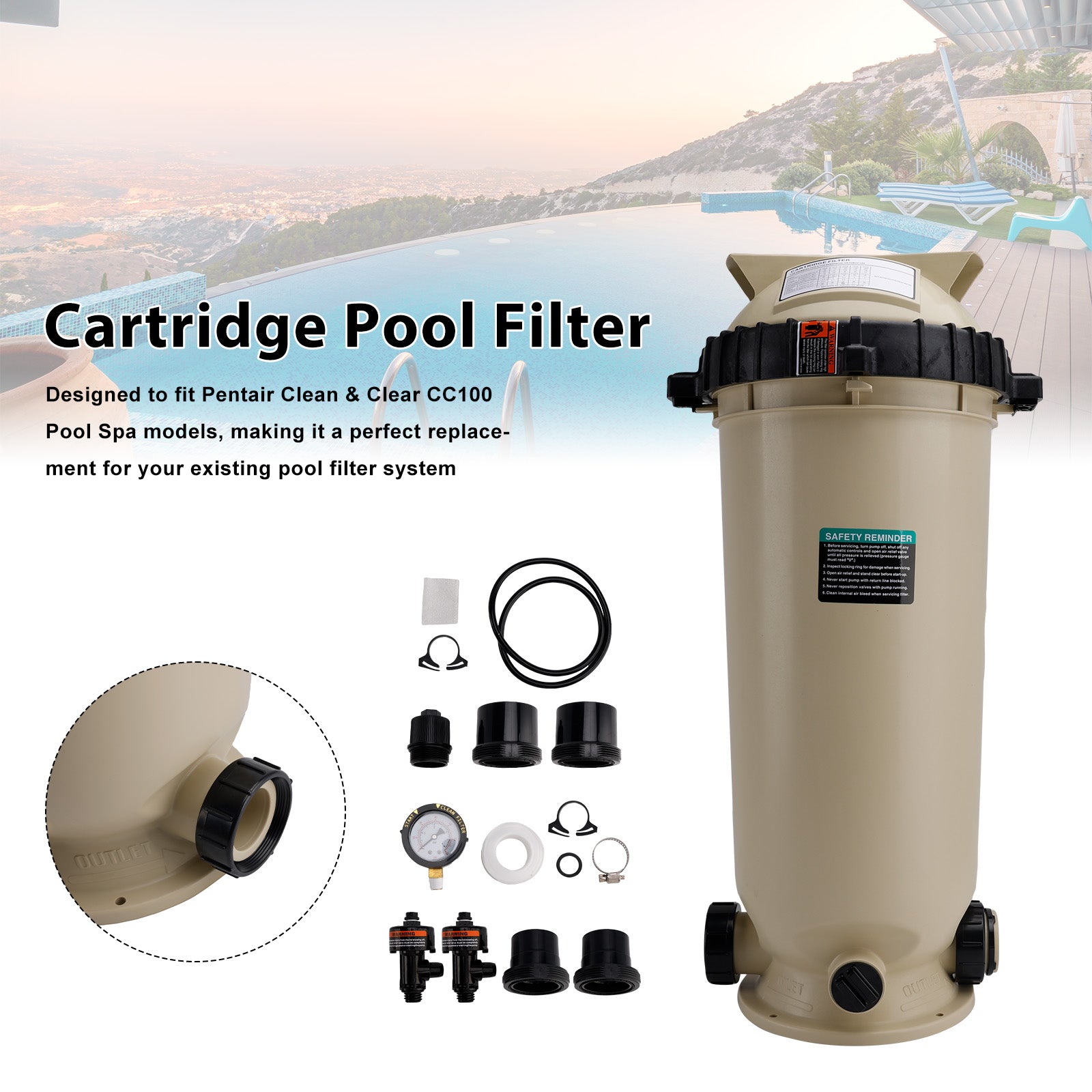 EC-160316 Cartridge Pool Filter Pump 100 GPM For Pentair Clean&Clear CC100 Pool
