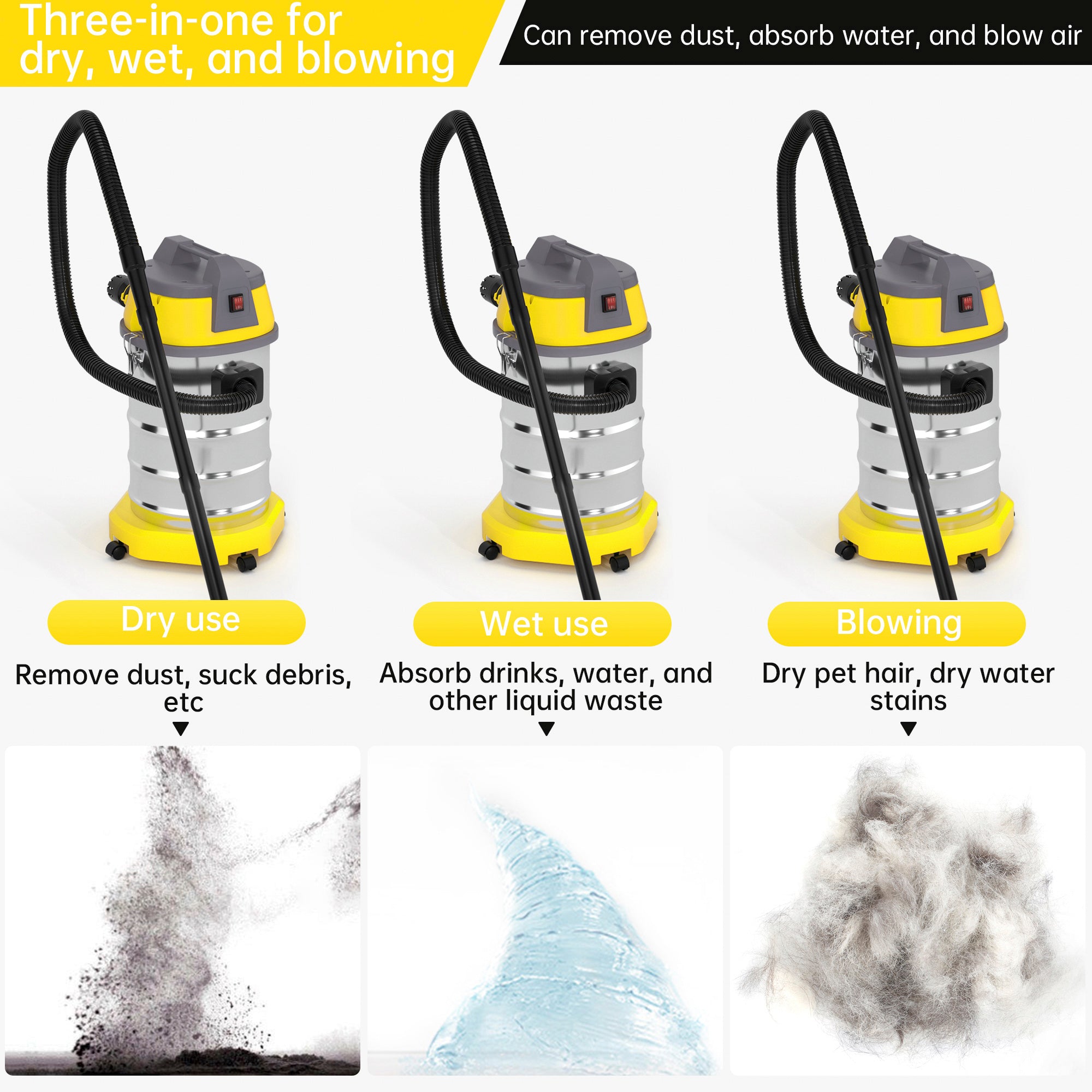 Wet Dry Blow Three Uses 10 Gallon 3200w 8 Peak Hp Stainless Steel Shop Vac Vacuum Cleaner Garage Portable Car Detailing For House Garage Workshop Car