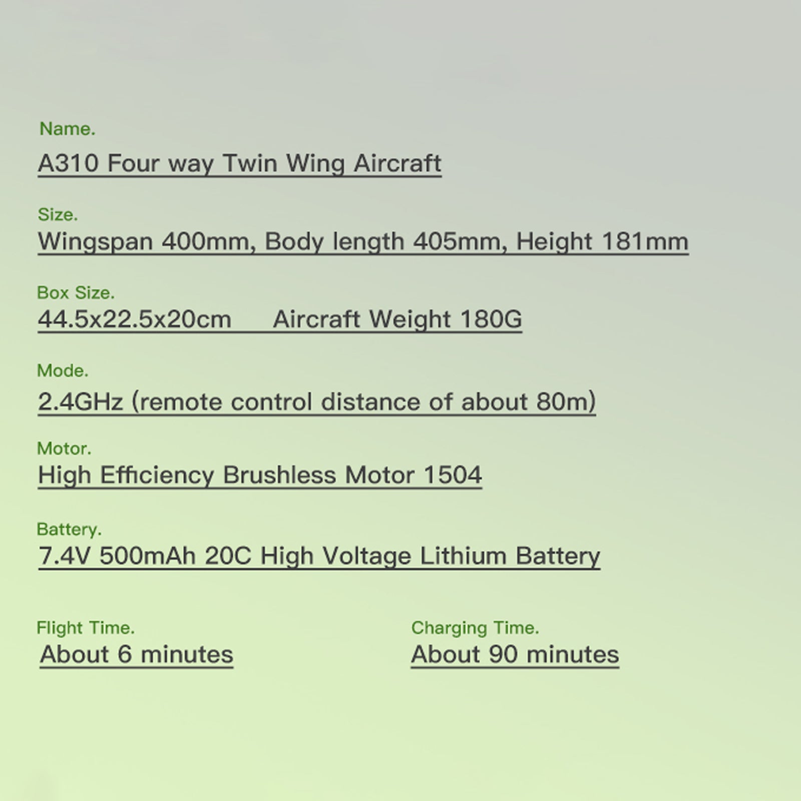 Wltoys XK A310 2.4G 4CH RC Fixed-Wing Aircraft Model 3D/6G Realistic Plane Green