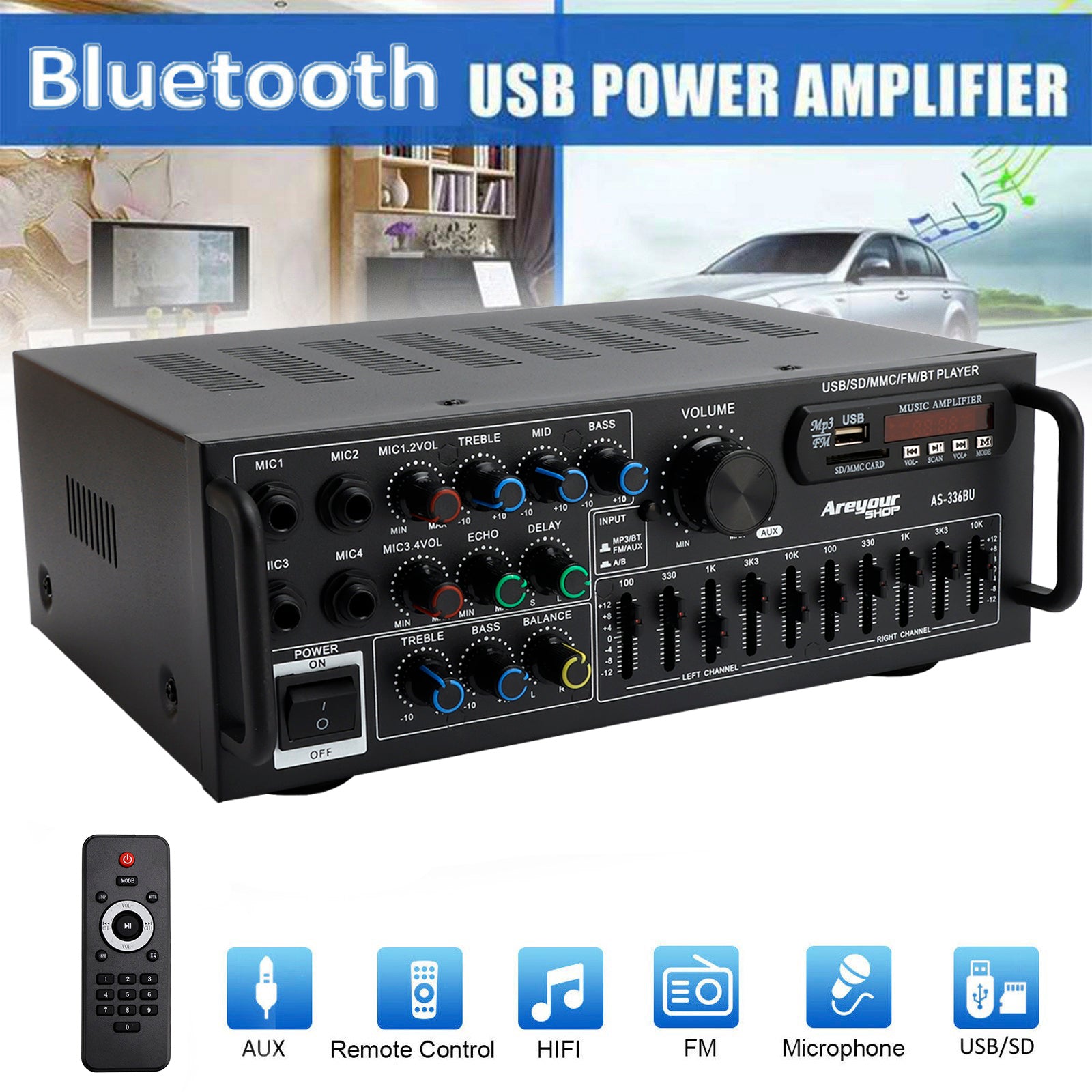 Bluetooth 5.0 HiFi Sunbuck 2000W Stereo Power Amplifier Karaoke FM USB SD AUX