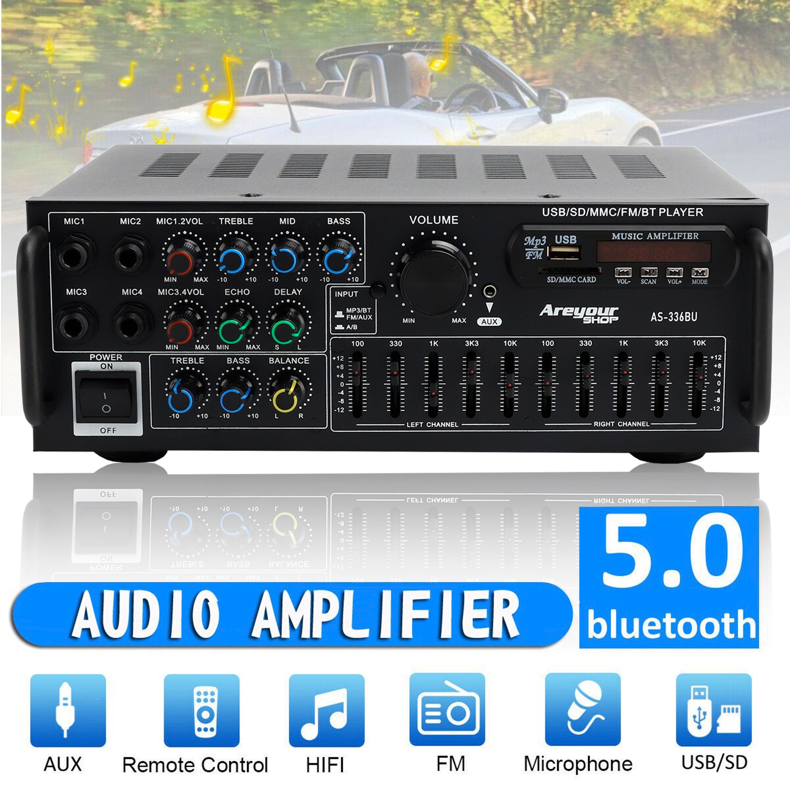 Bluetooth 5.0 HiFi Sunbuck 2000W Stereo Power Amplifier Karaoke FM USB SD AUX
