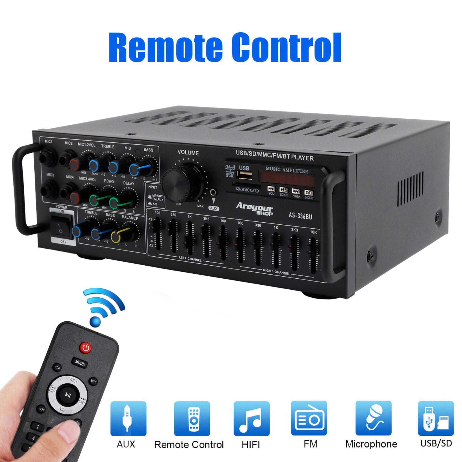 Bluetooth 5.0 HiFi Sunbuck 2000W Stereo Power Amplifier Karaoke FM USB SD AUX