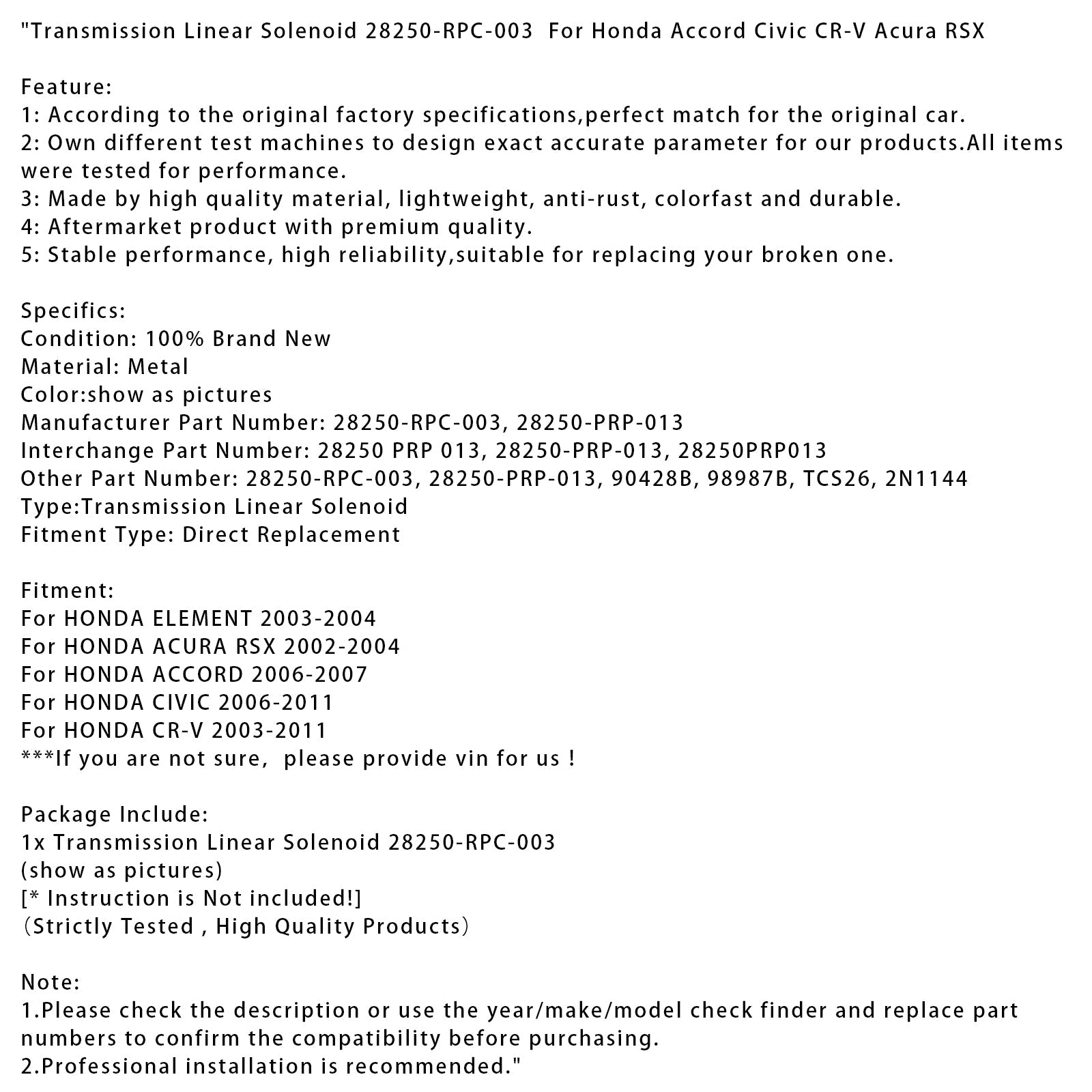 Transmission Linear Solenoid 28250-RPC-003 For Honda Accord Civic CR-V Acura