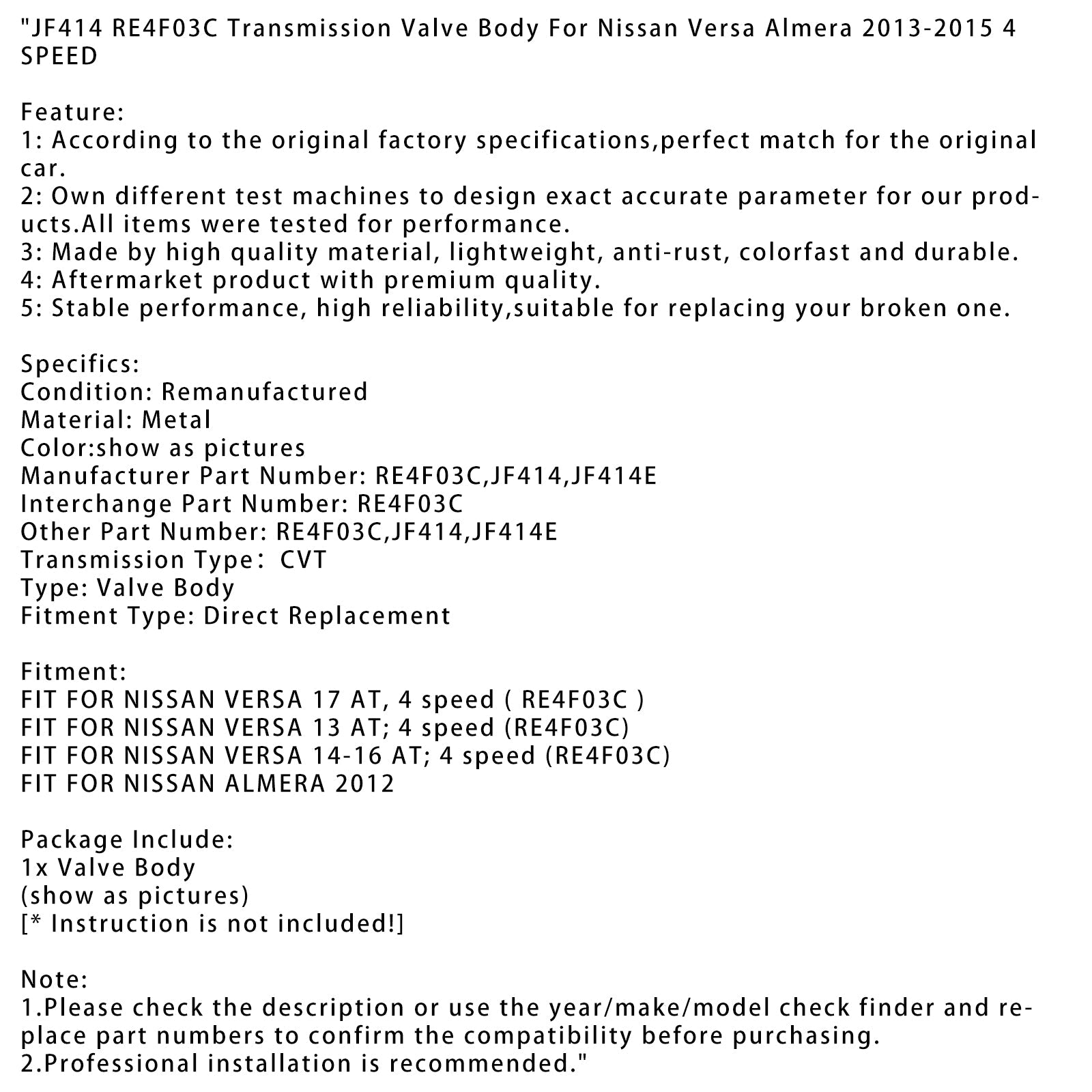 JF414 RE4F03C Nissan Versa Almera 2013-2015 용 변속기 밸브 바디 4 속도