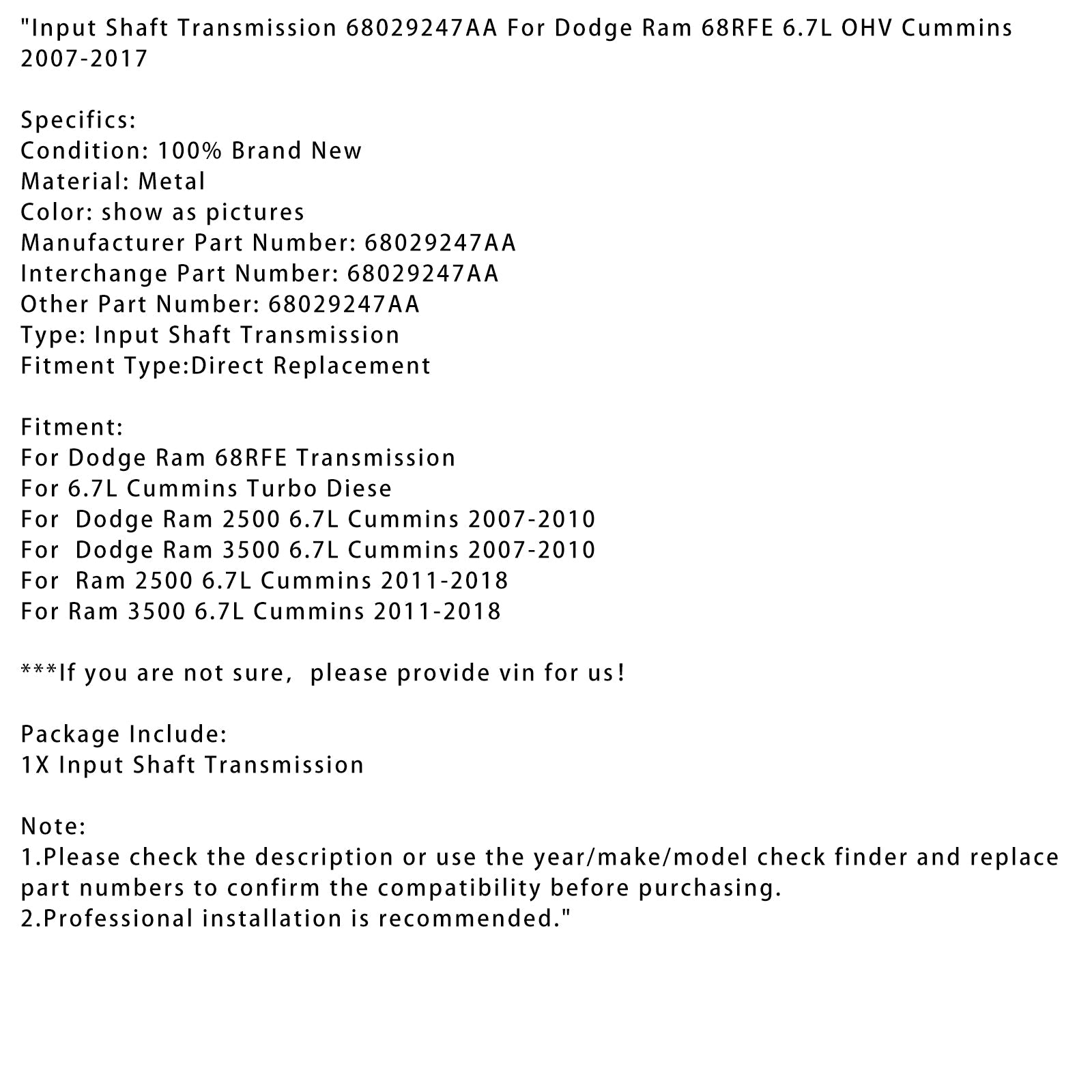 Input Shaft Transmission 68029247AA For Dodge Ram 68RFE 6.7L OHV Cummins 07-17