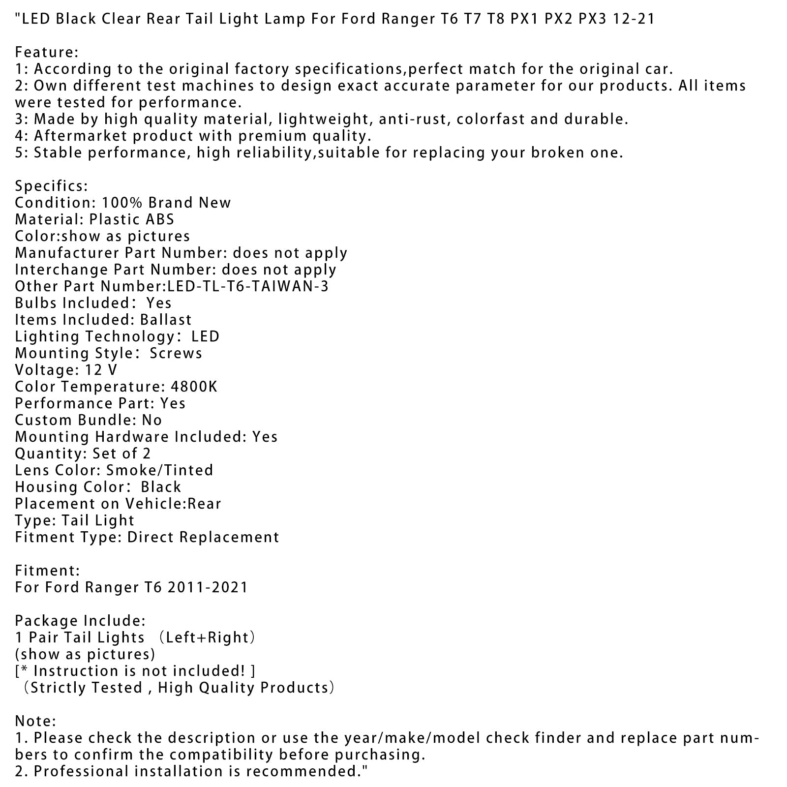 2012-2021 Ford Ranger T6 T7 T8 PX1 PX2 PX3 LED Black Clear Rear Tail Light Lamp