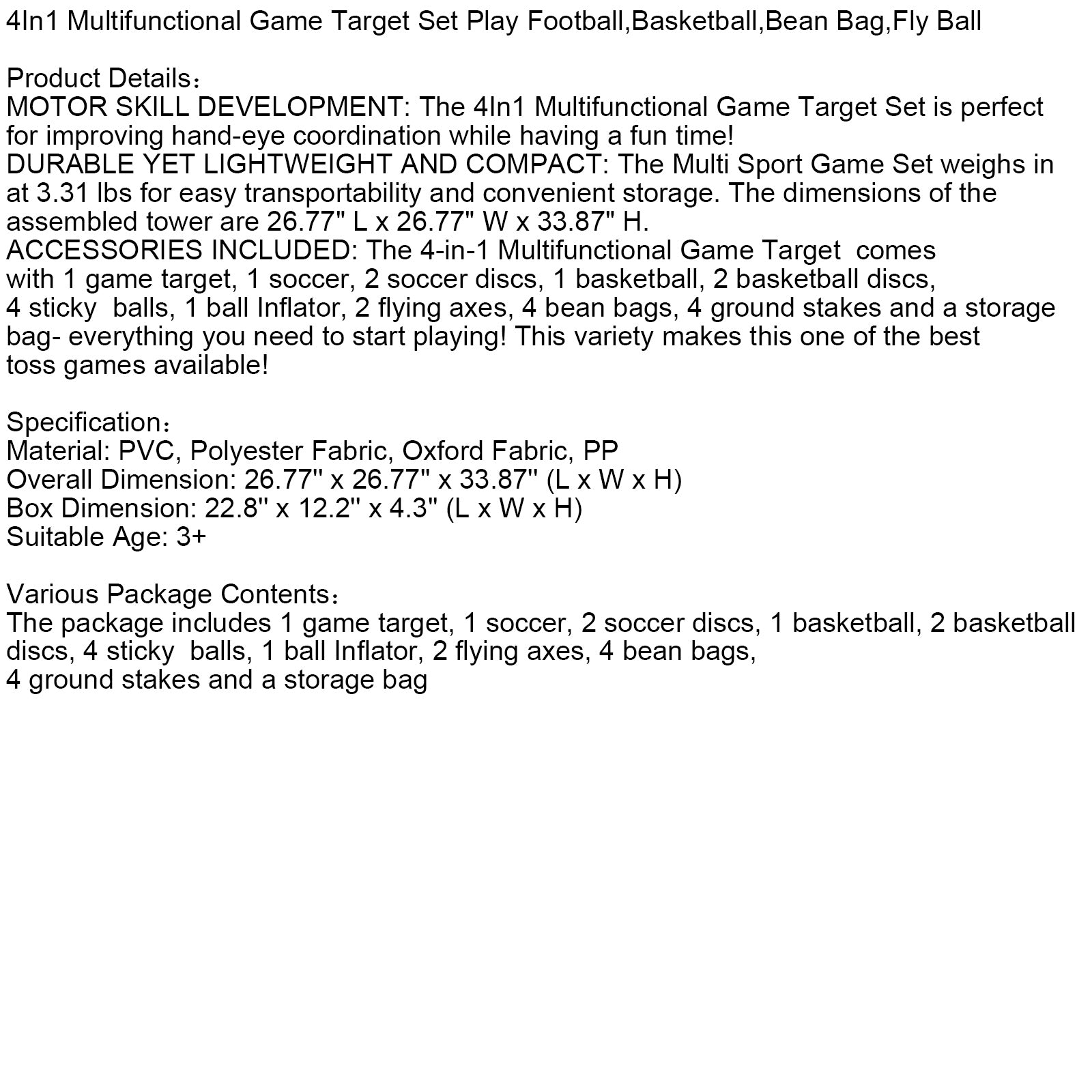 4In1 Multifunctional Game Target Set Play Football,Basketball,Bean Bag,Fly Ball