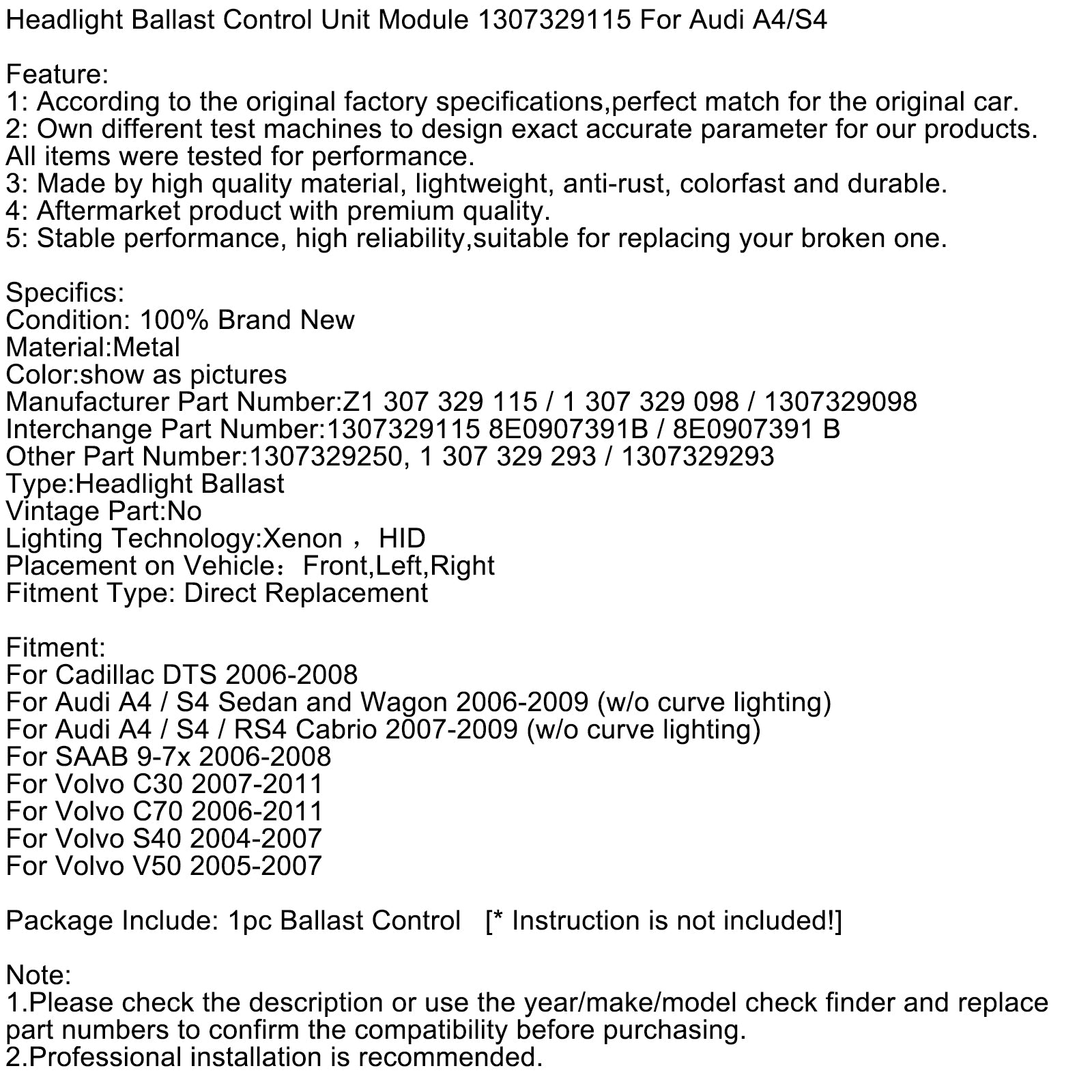 Headlight Ballast Control Unit Module 1307329115 For Audi A4/S4