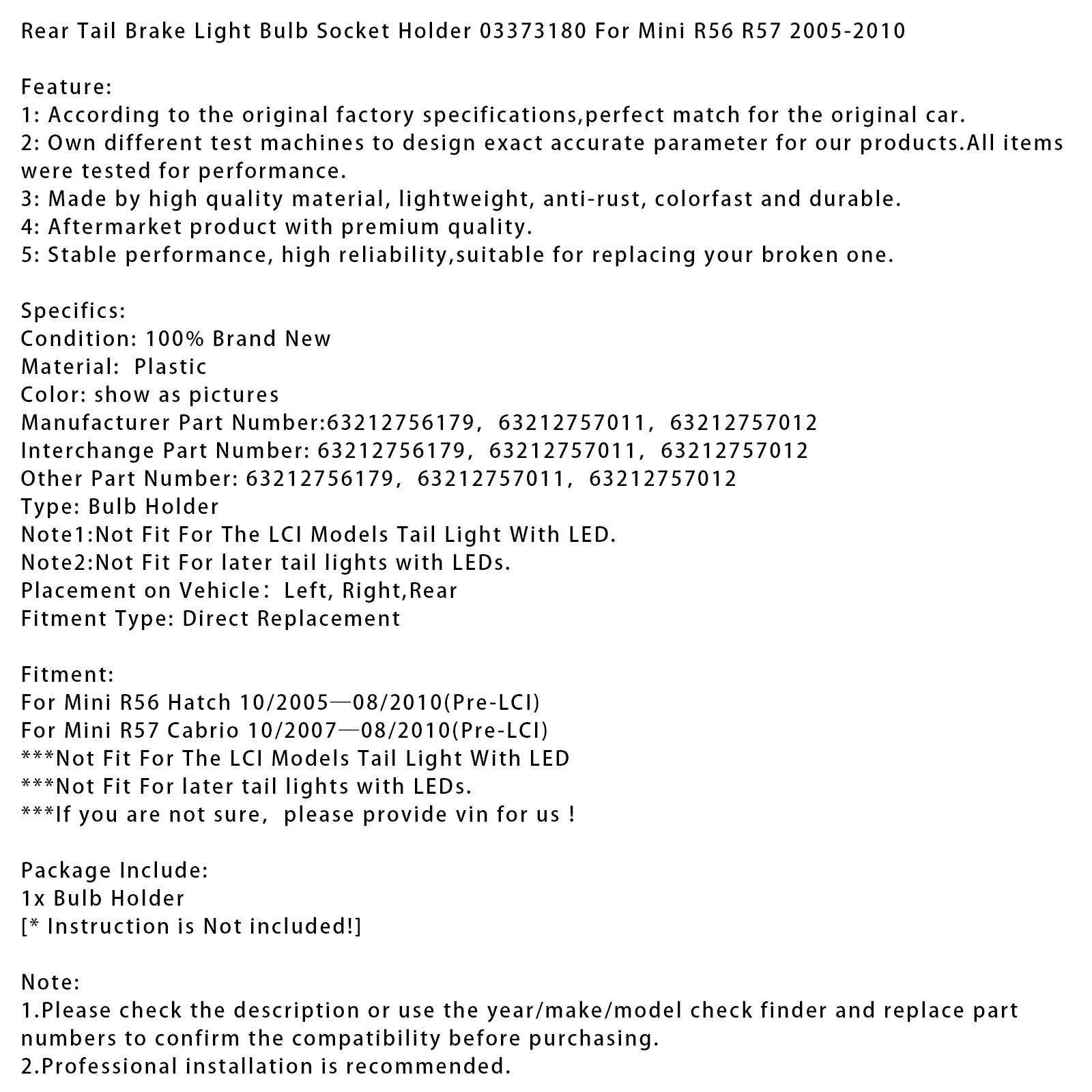Rear Tail Brake Light Bulb Socket Holder 03373180 For Mini R56 R57 2005-2010