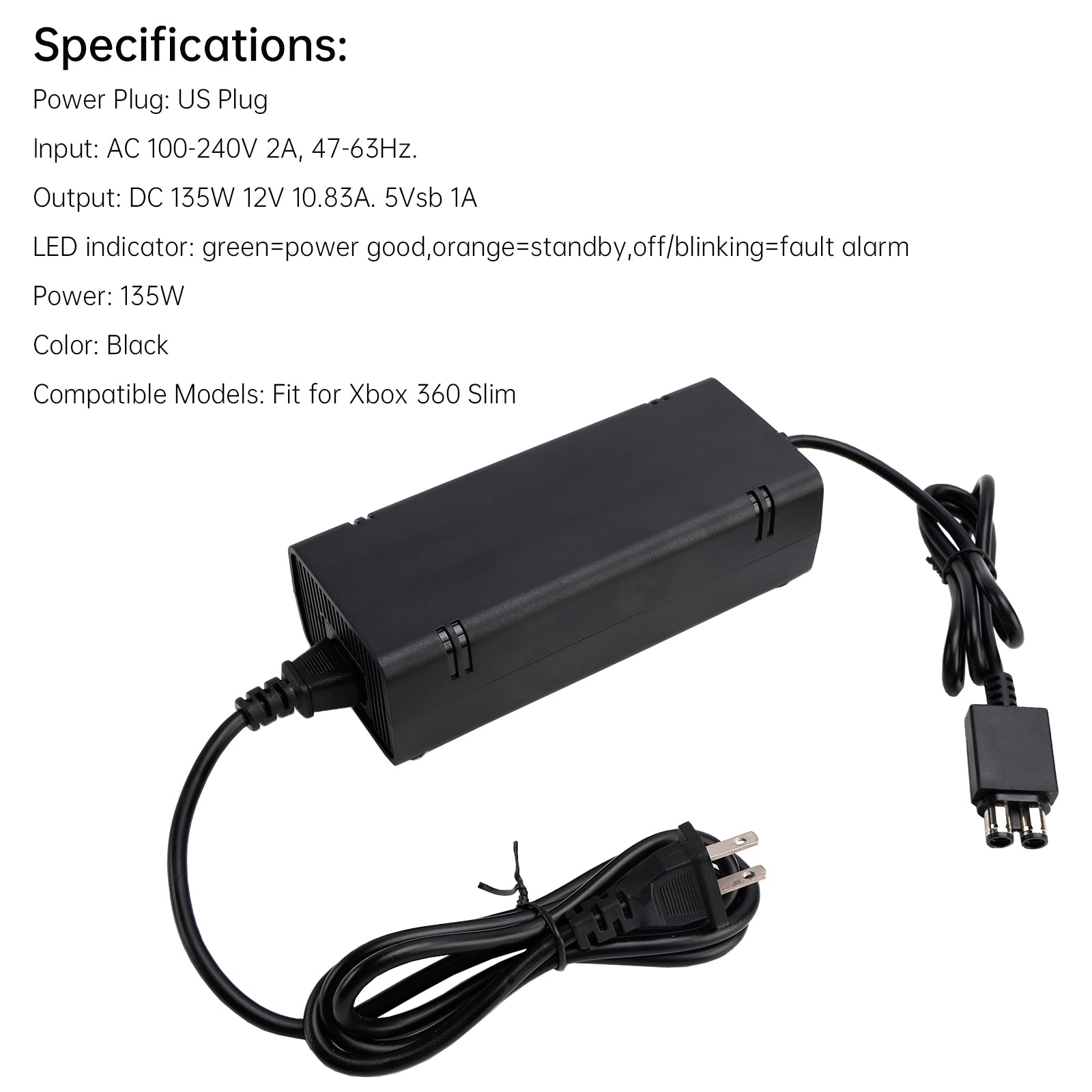 AC Adapter Brick Charger Power Supply Cord 115W Fit for Xbox 360 Slim US Plug