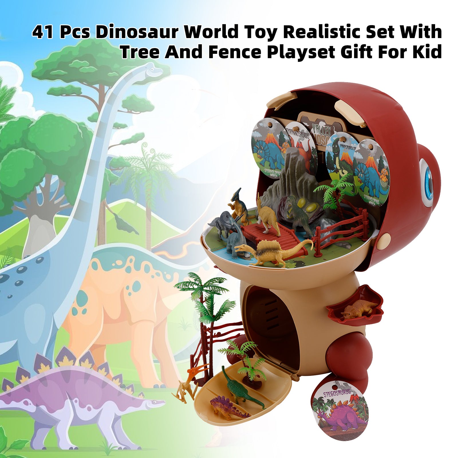 41 Pcs Dinosaur World Toy Realistic Set With Tree And Fence Playset Gift For Kid