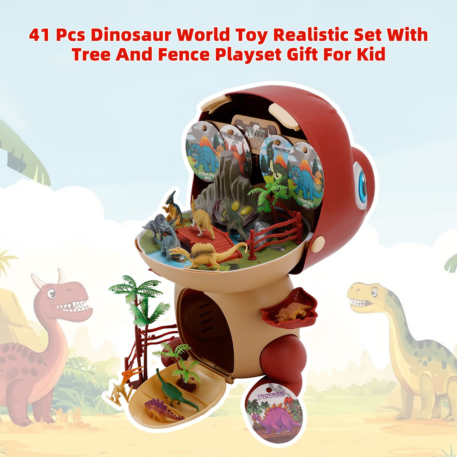 41 Pcs Dinosaur World Toy Realistic Set With Tree And Fence Playset Gift For Kid