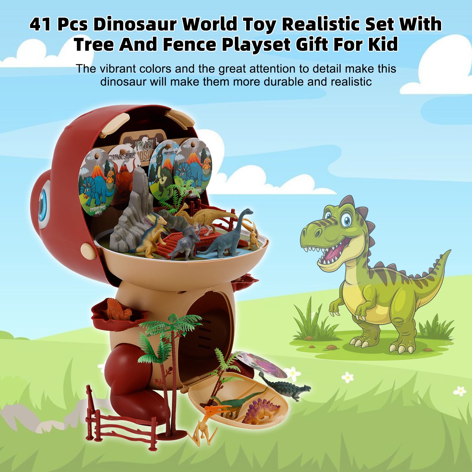 41 Pcs Dinosaur World Toy Realistic Set With Tree And Fence Playset Gift For Kid
