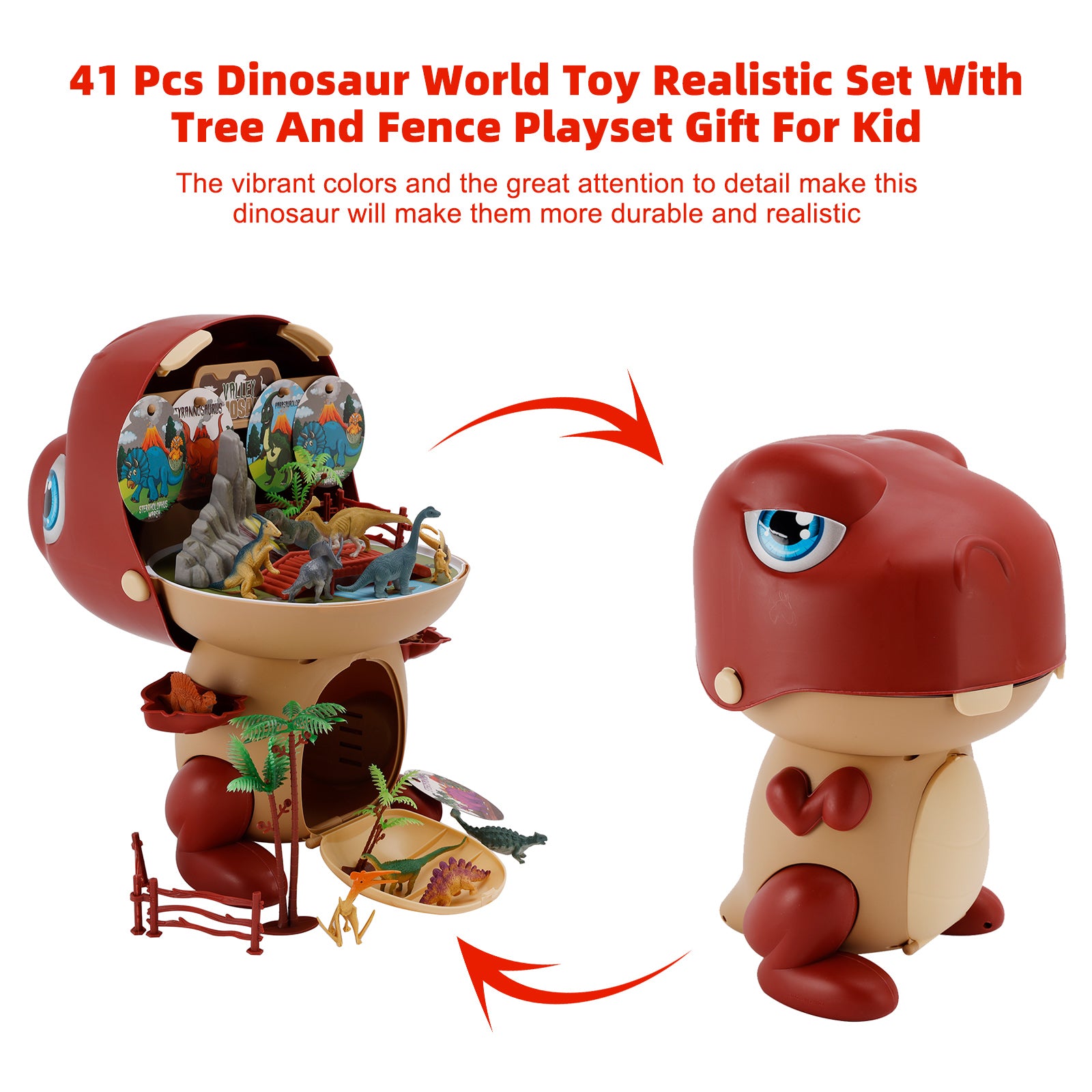 41 Pcs Dinosaur World Toy Realistic Set With Tree And Fence Playset Gift For Kid