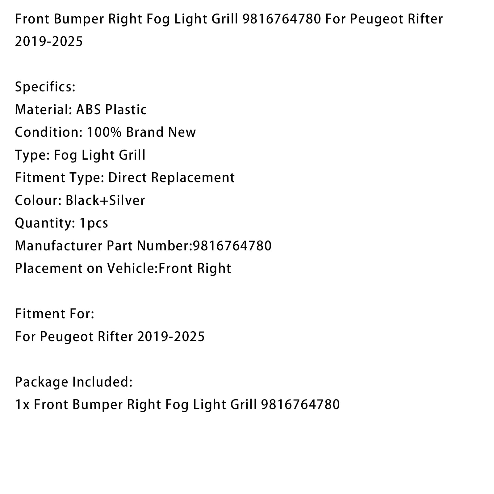 Front Bumper Right Fog Light Grill 9816764780 For Peugeot Rifter 2019-2025