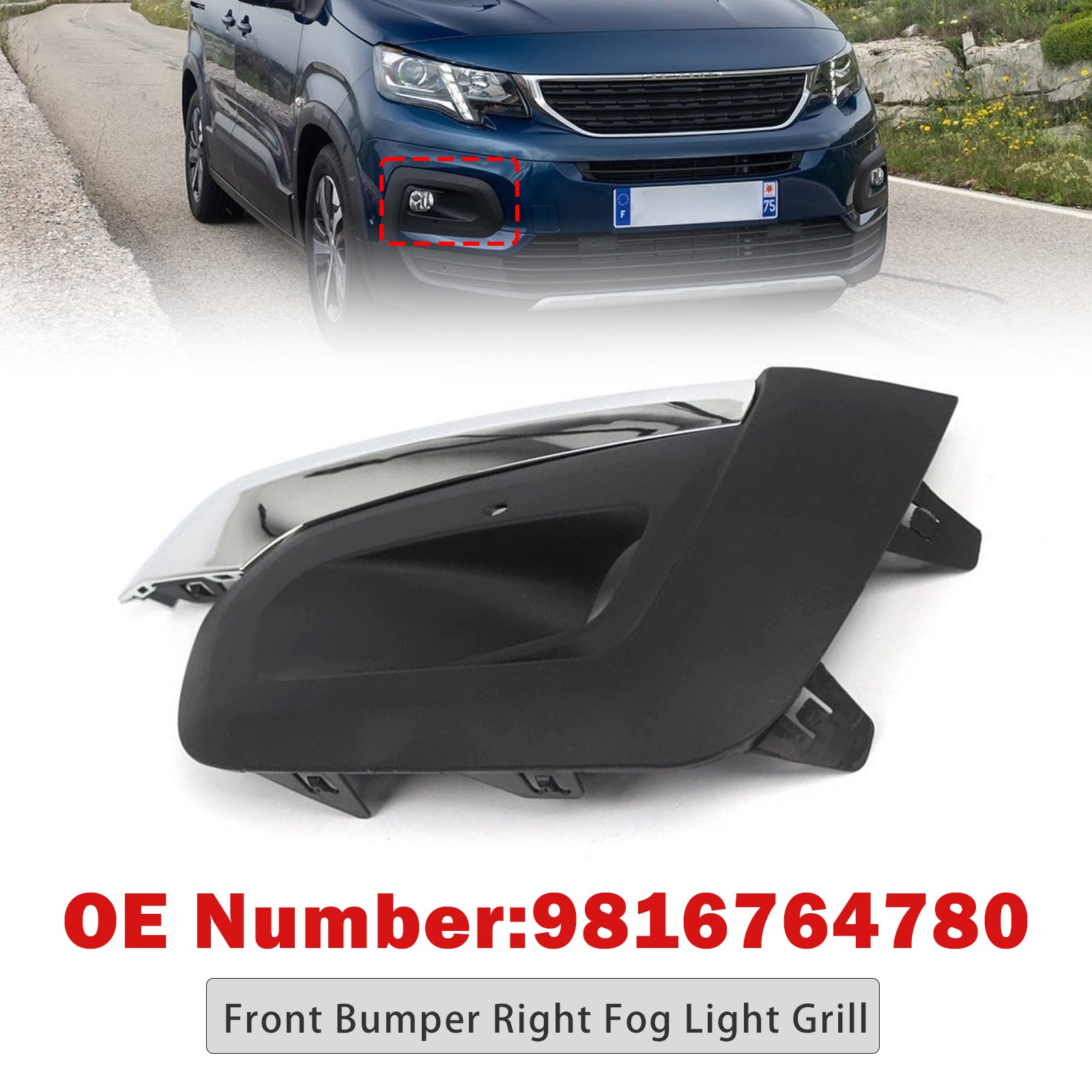 Front Bumper Right Fog Light Grill 9816764780 For Peugeot Rifter 2019-2025