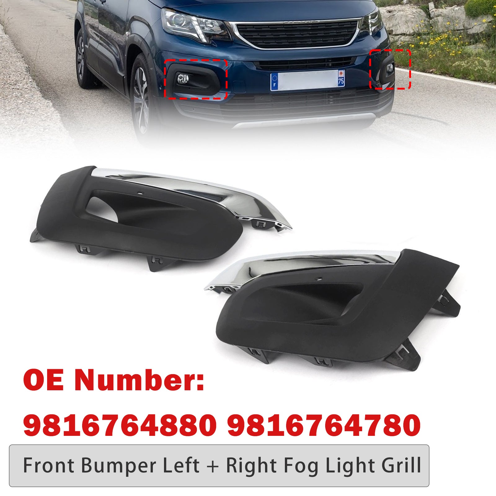 Front Bumper Left + Right Fog Light Grill 9816764780 For Peugeot Rifter 2019-2025