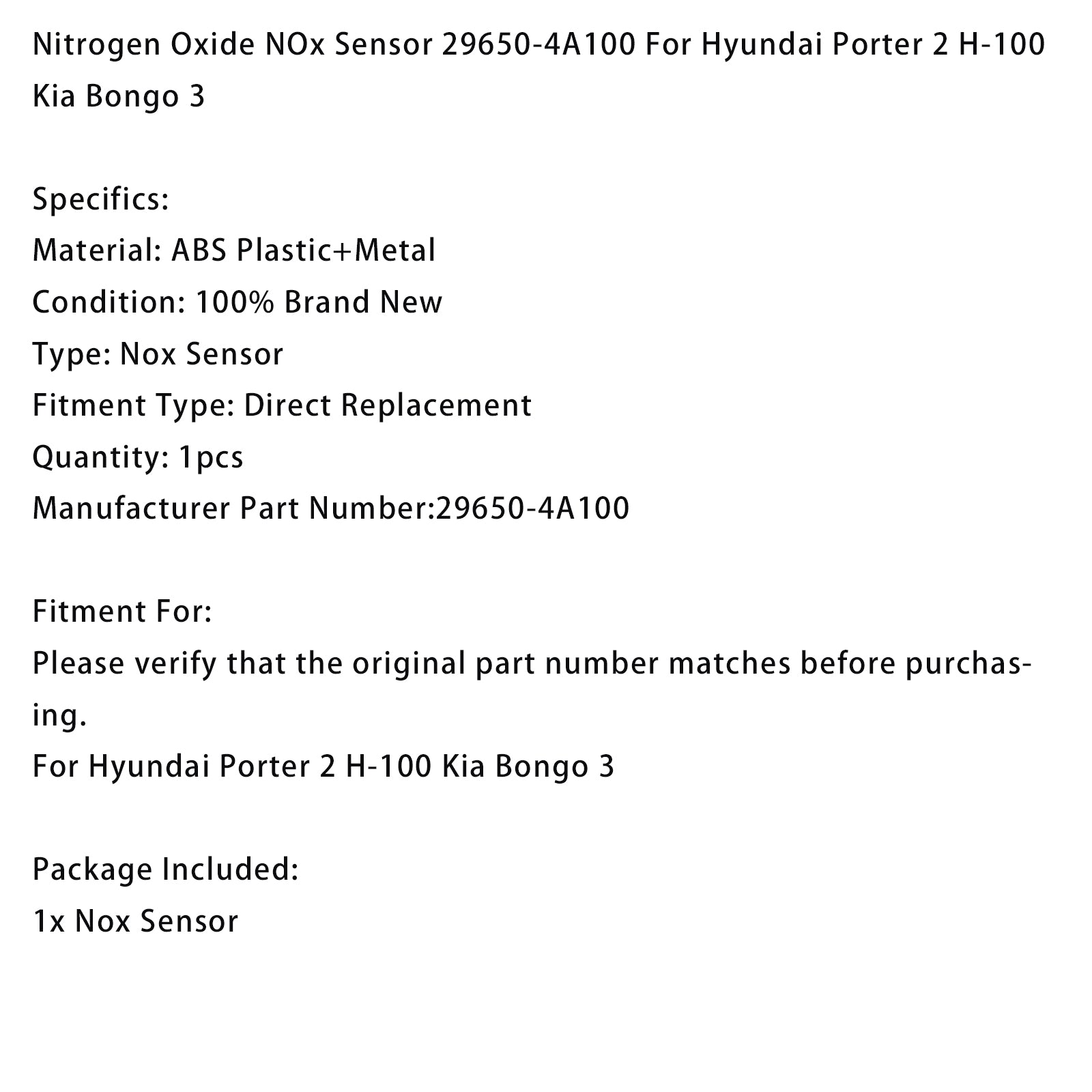 Nitrogen Oxide NOx Sensor 29650-4A100 For Hyundai Porter 2 H-100 Kia Bongo 3