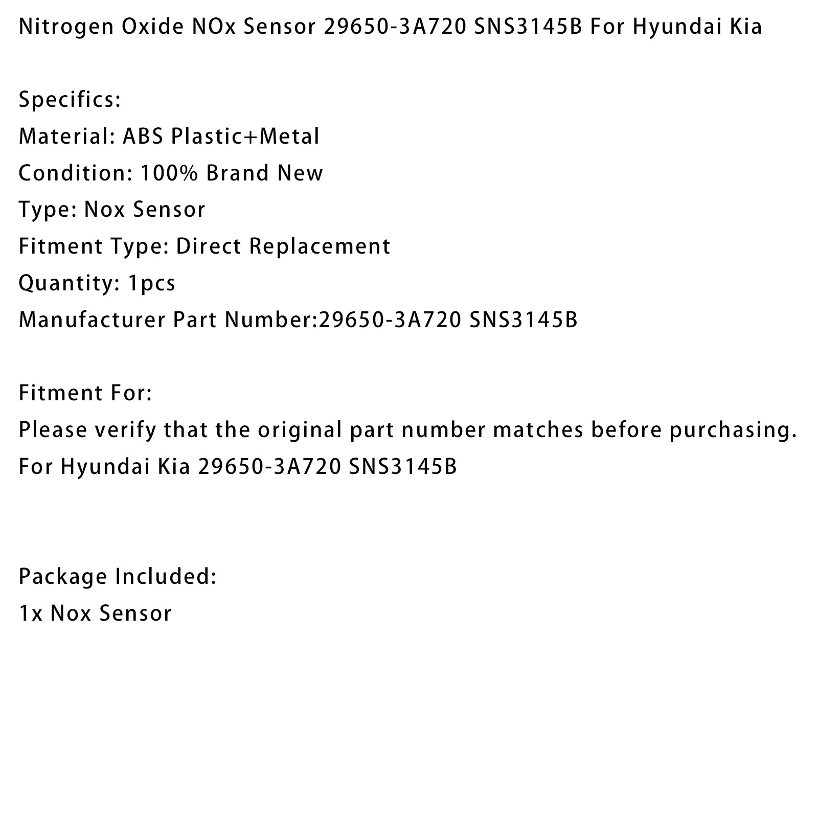 Nitrogen Oxide NOx Sensor 29650-3A720 SNS3145B For Hyundai Kia