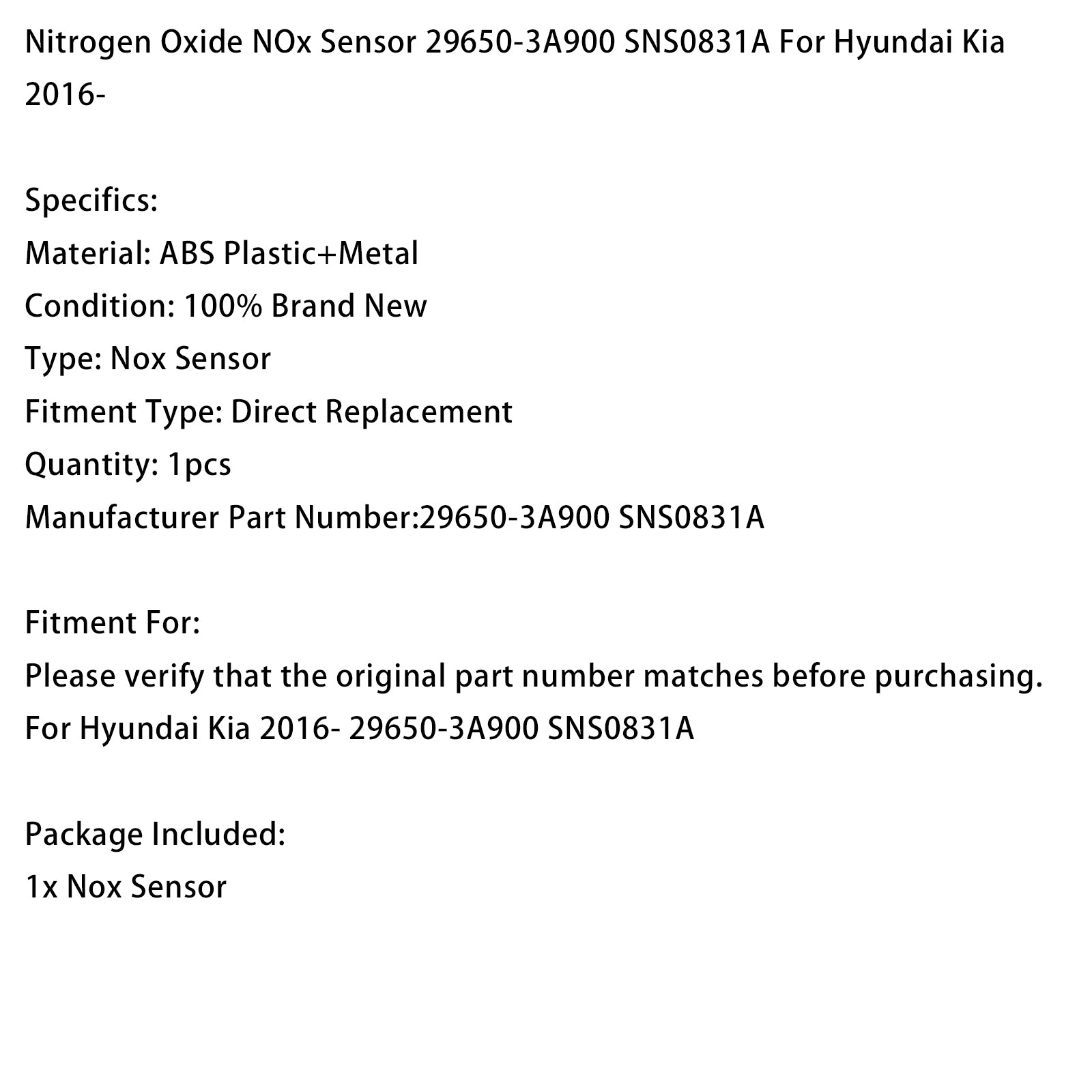 Nitrogen Oxide NOx Sensor 29650-3A900 SNS0831A For Hyundai Kia 2016-