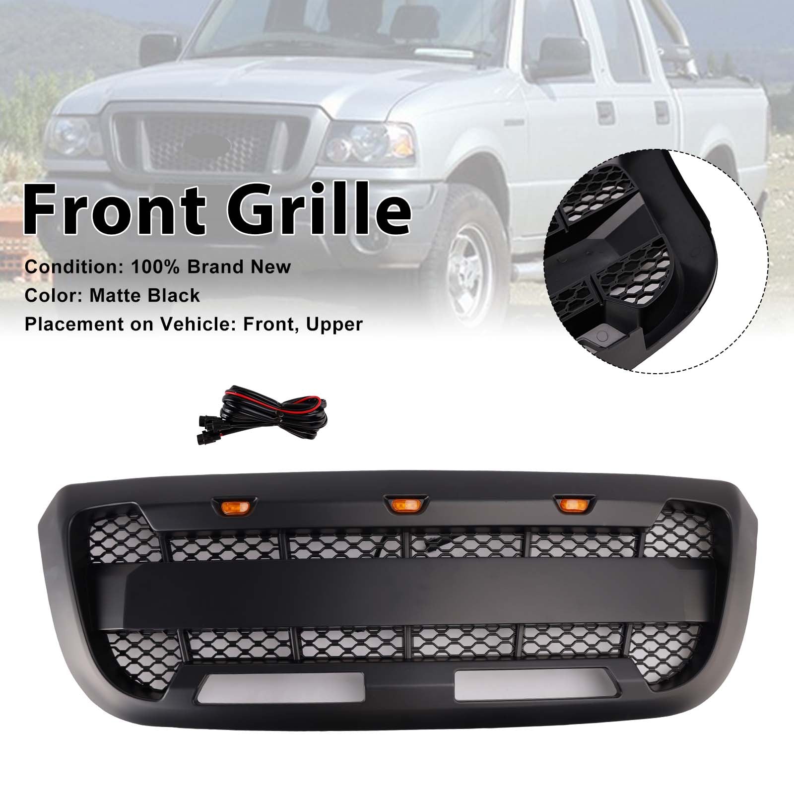 Matt Black Front Bumper Grille Grill Fit Ford Ranger 2004-2011 With LED Light
