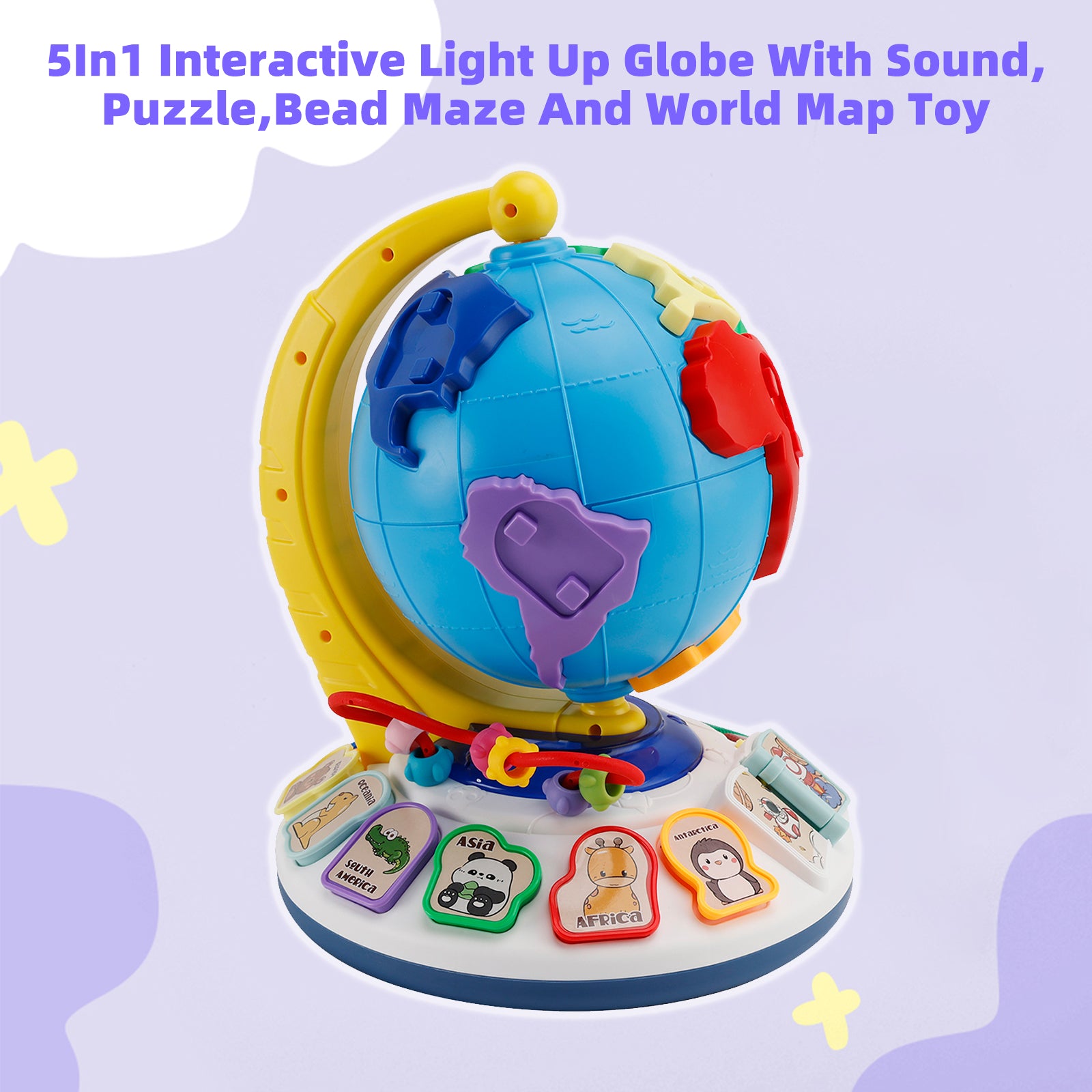 5In1 Interactive Light Up Globe With Sound,Puzzle,Bead Maze And World Map Toy