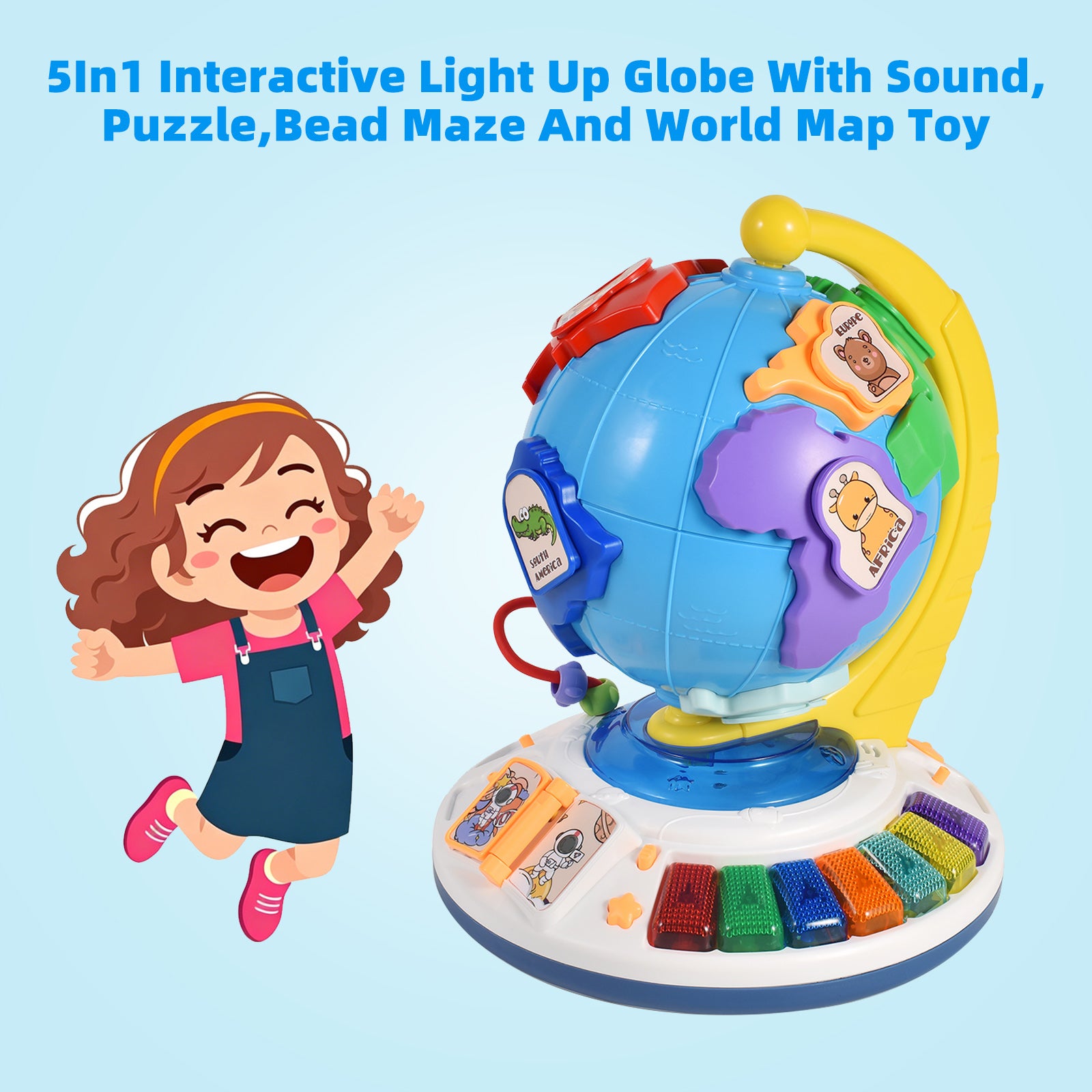 5In1 Interactive Light Up Globe With Sound,Puzzle,Bead Maze And World Map Toy
