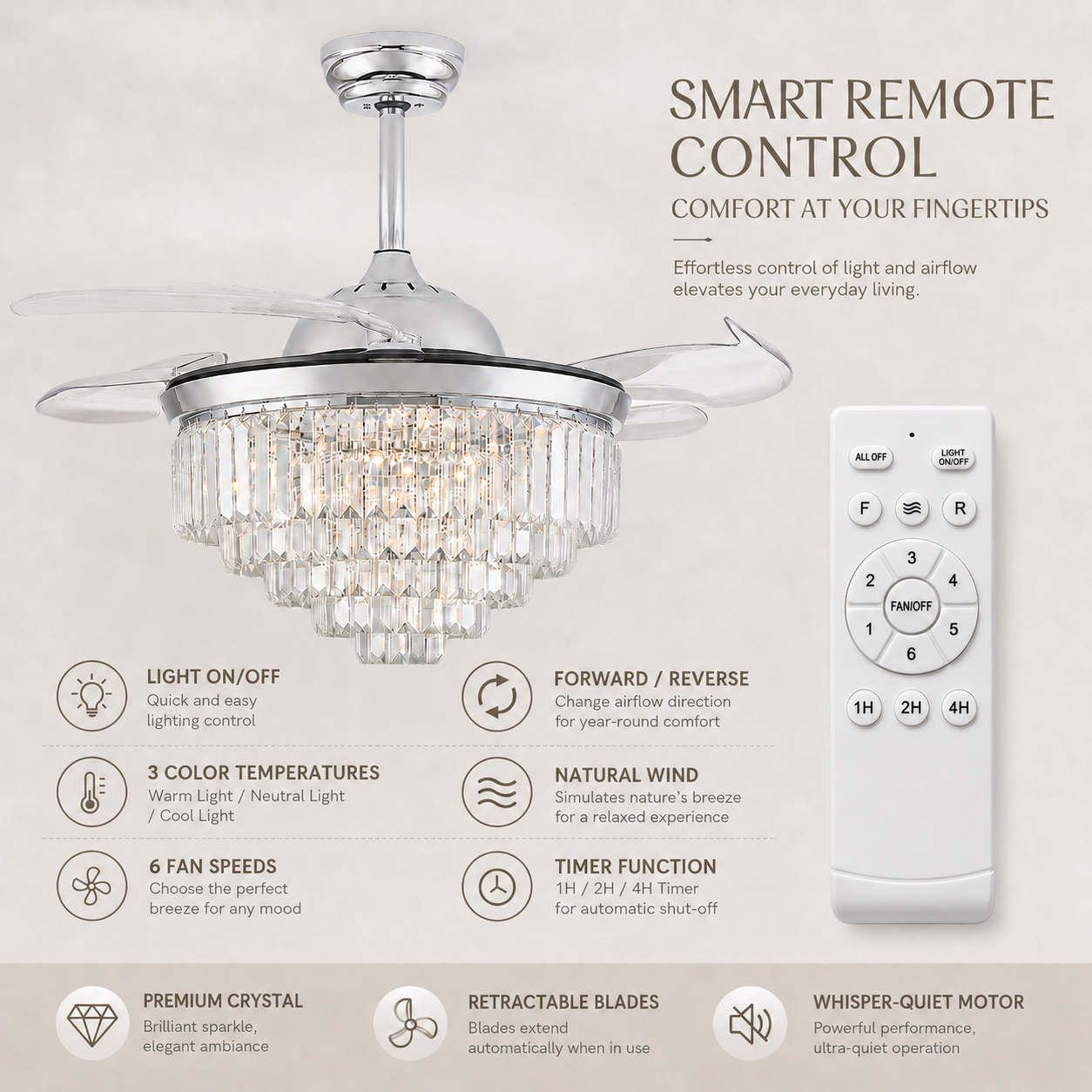 42" Crystal Ceiling Fan with Light